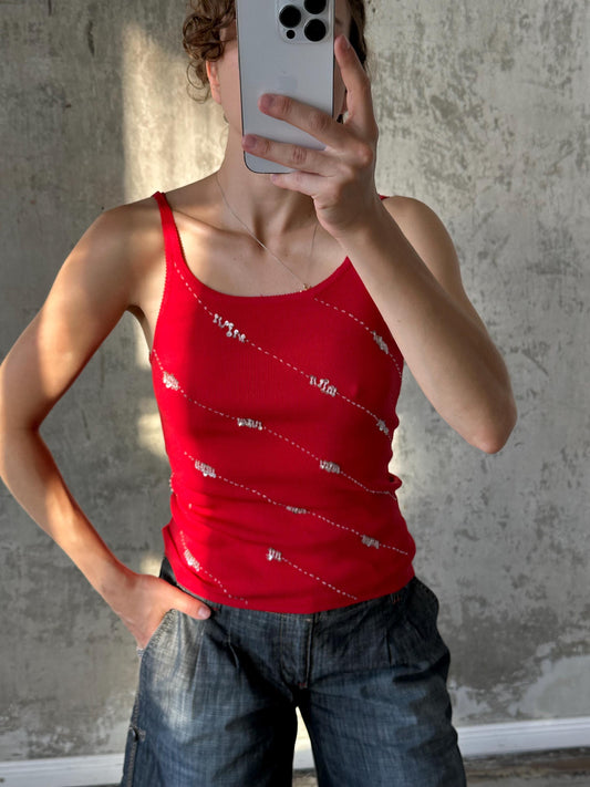 Vintage slim-fit long cotton tank top in red
