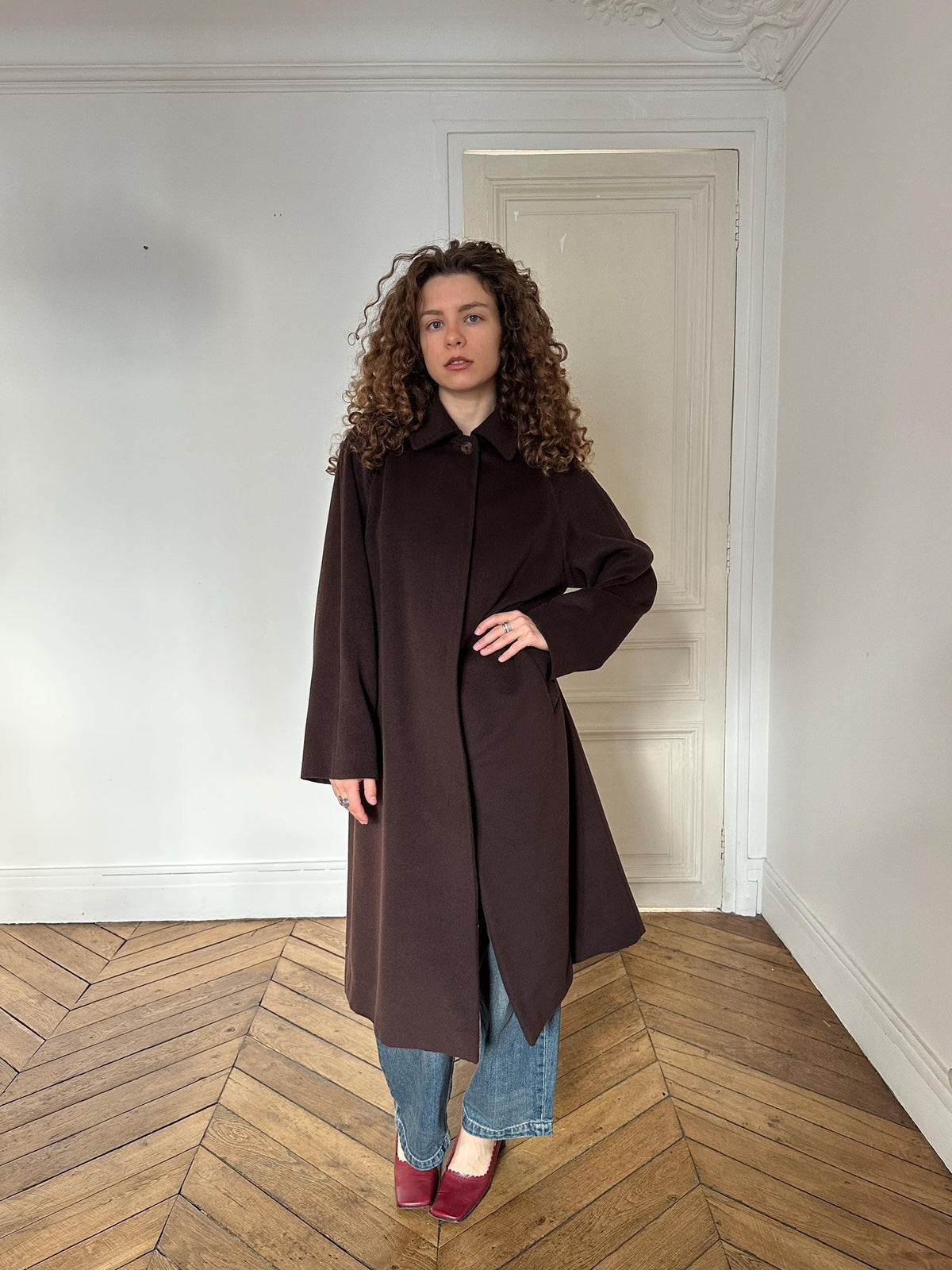Vintage Les Copains Long Wool Angora Cashmere Coat in Chocolate Brown