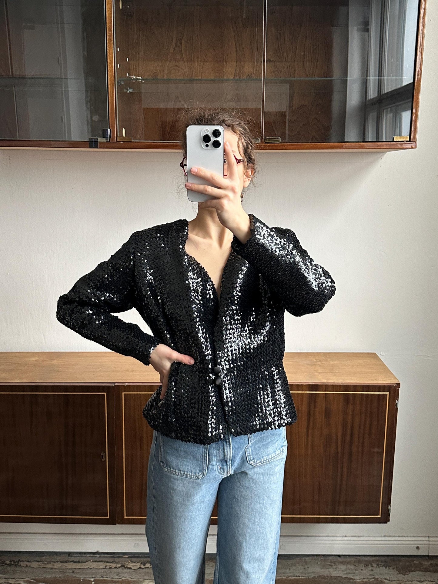 Vintage 90s Sparkle Sequin Party Evening Blazer In Black