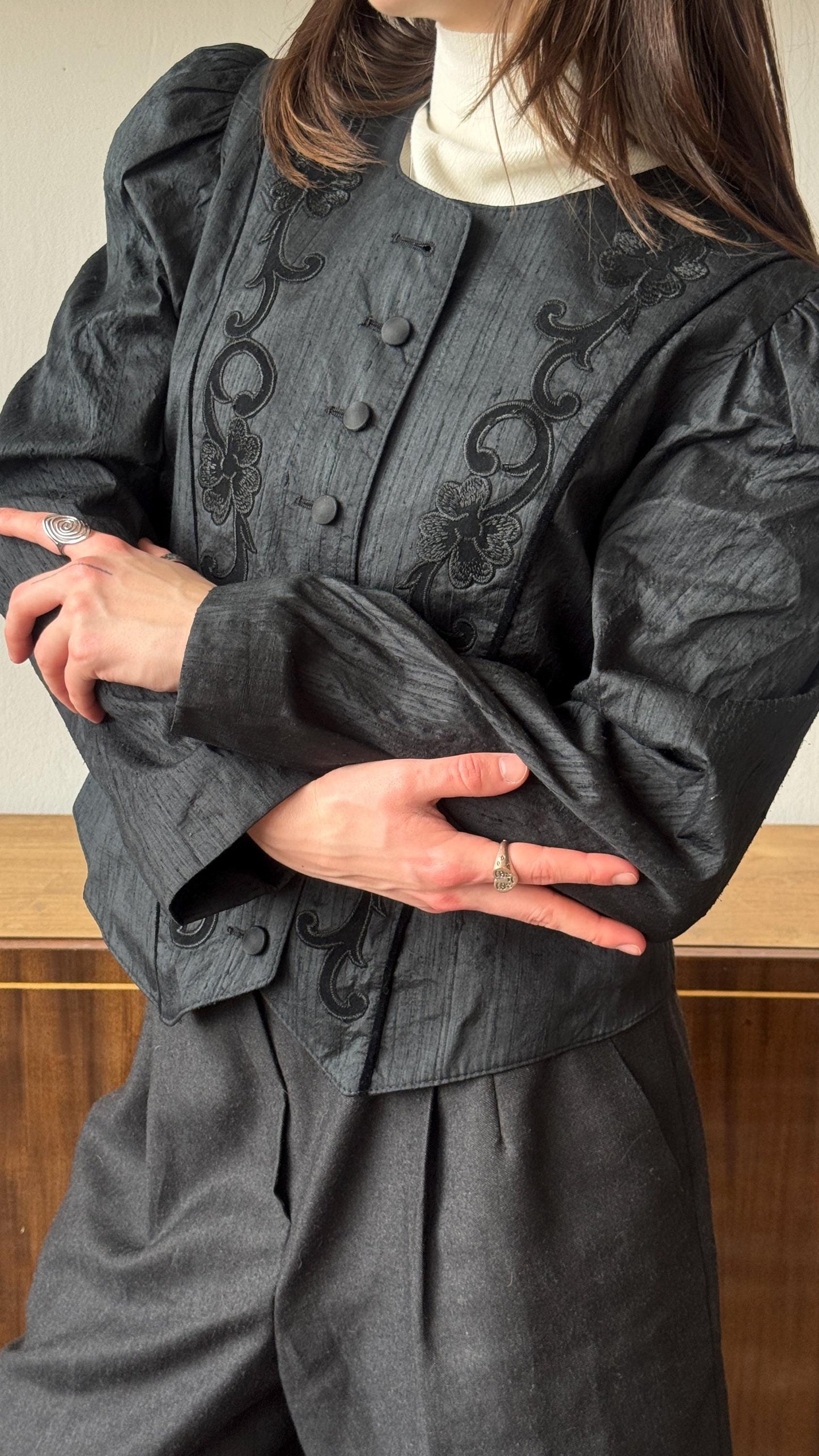 Vintage Victorian-Inspired Embroidered Blouse in Black