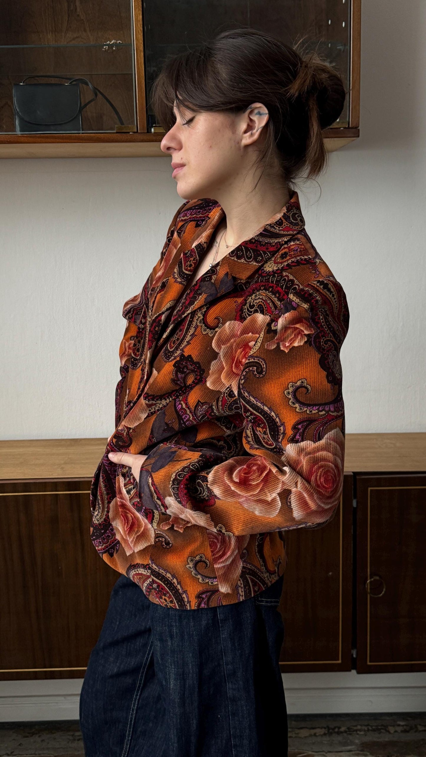 Vintage 90s Women Velvet Blazer In Orange & Brown