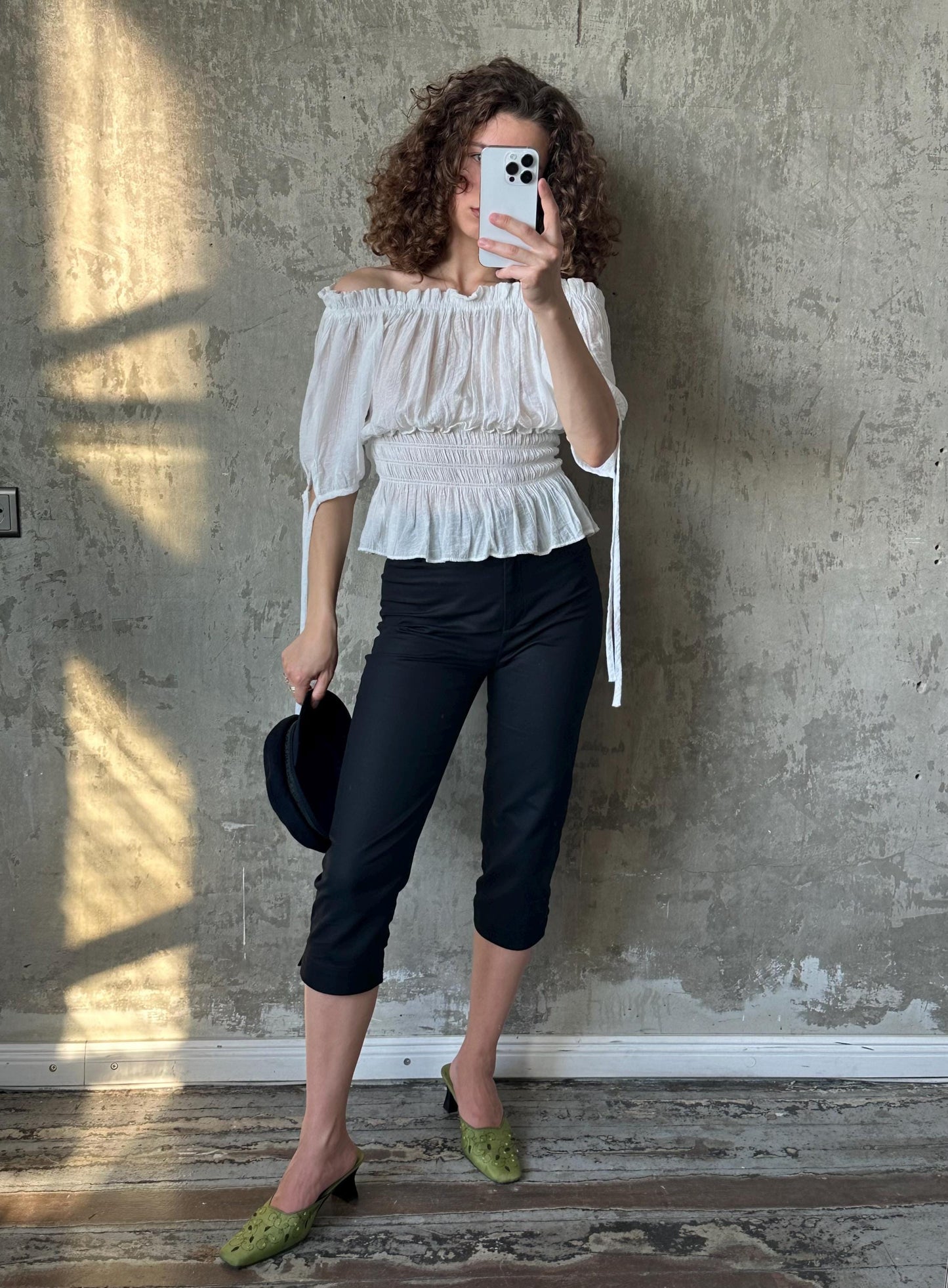 Vintage off-the-shoulder light blouse in white