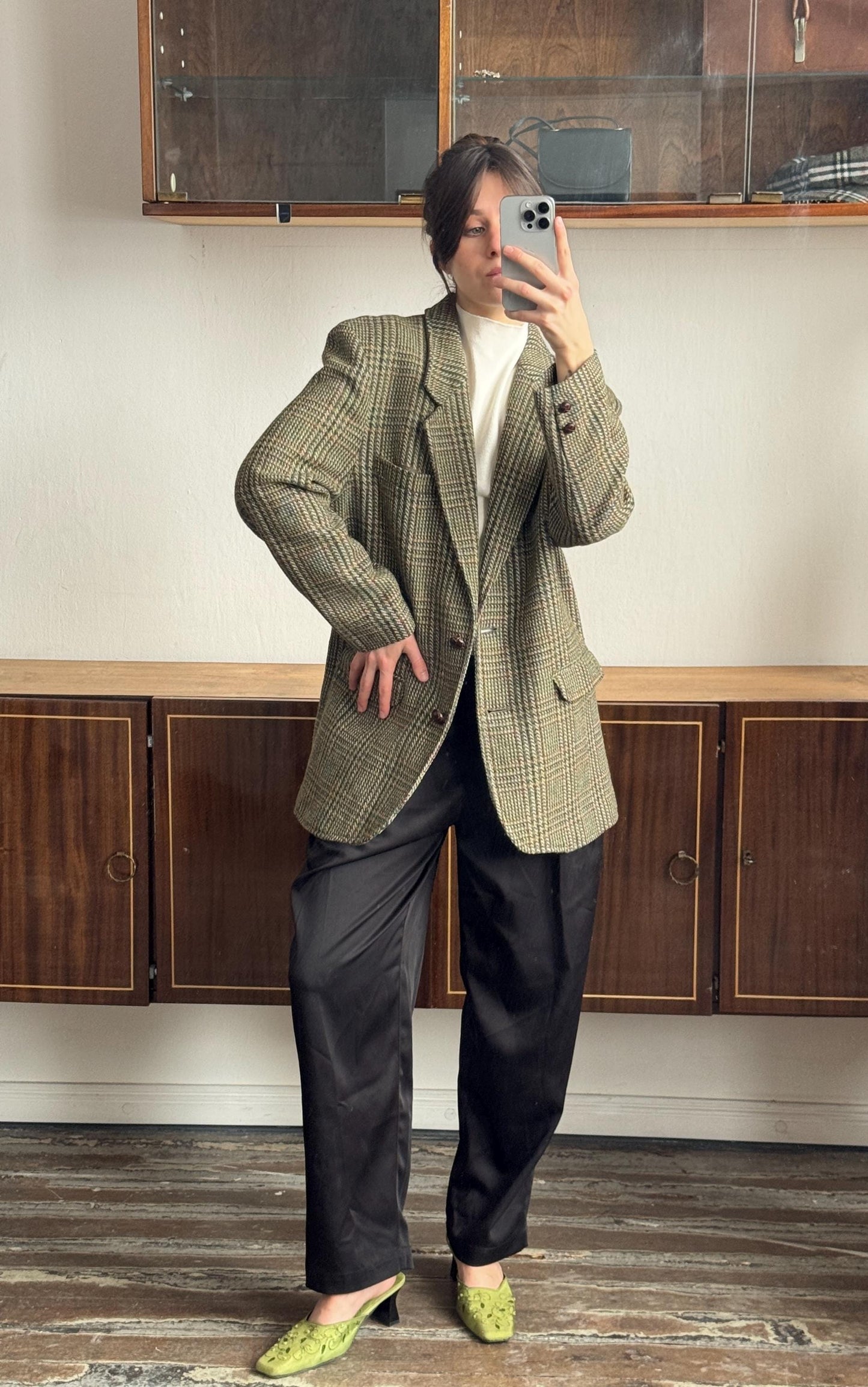 Vintage 90s Wool Classic Checked Blazer In Green