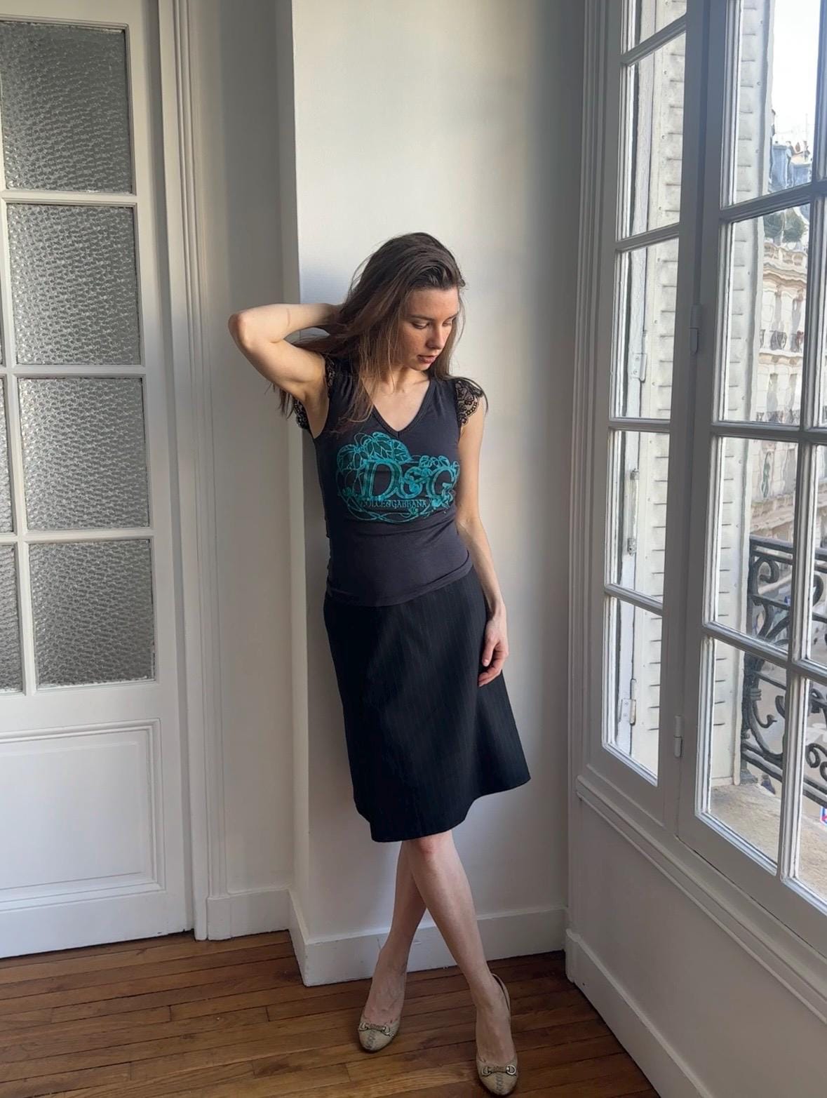 Vintage D&G Black Graphic Ruffled Lace Trim Top