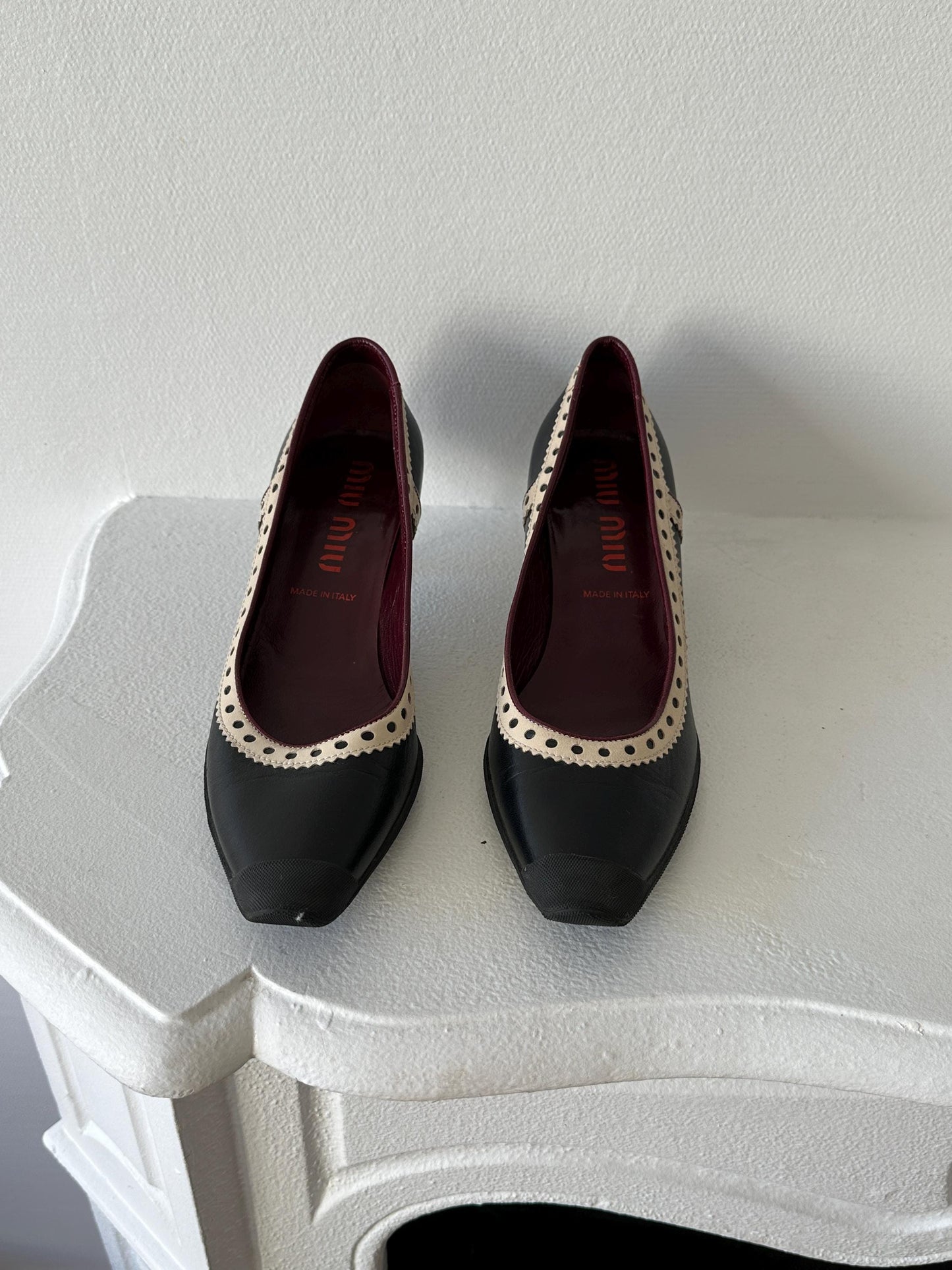 Miu Miu Black & Cream Perforated Leather Kitten Heel Pumps I US 6.5
