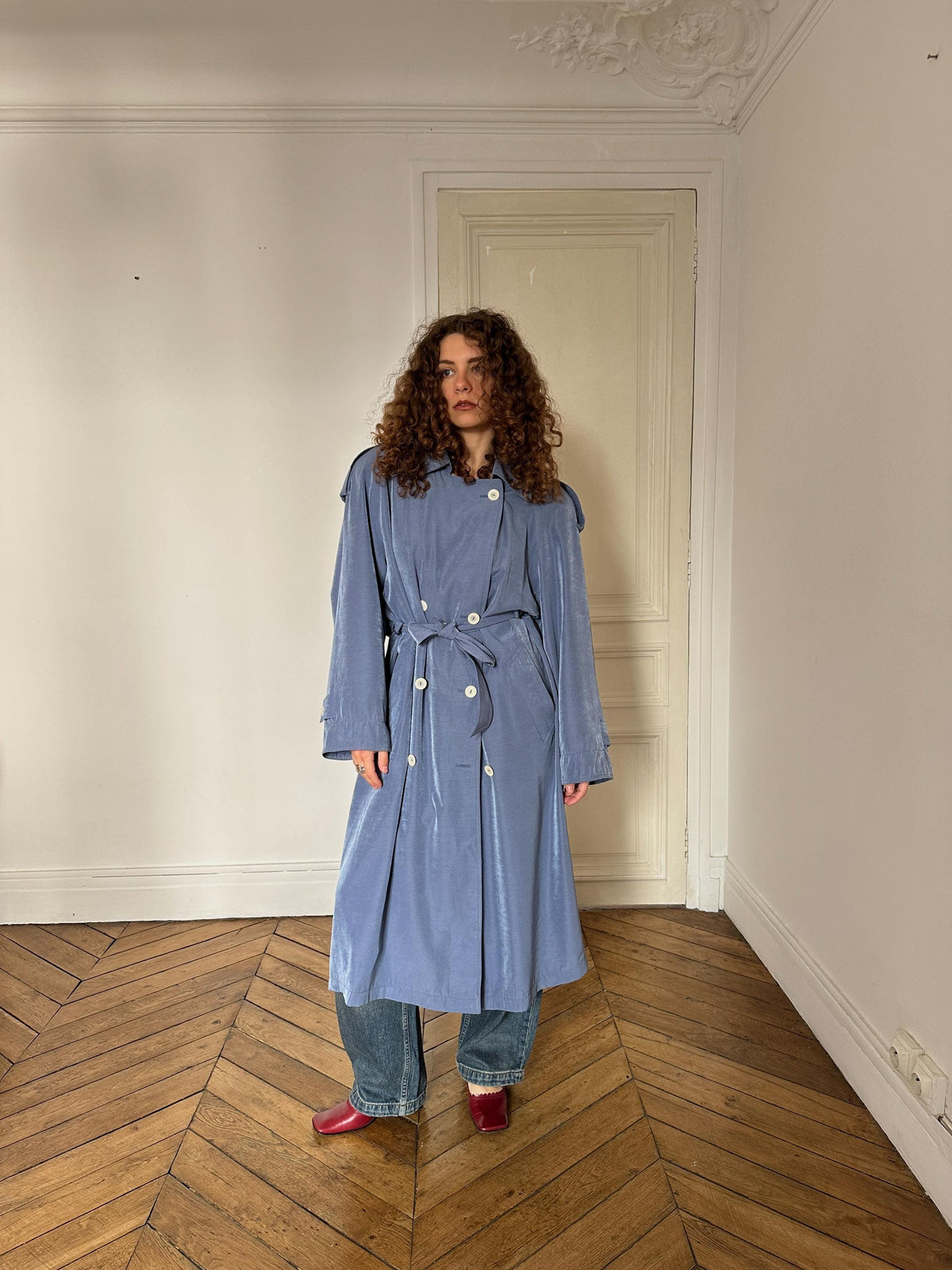 Vintage Cloudy Blue Long Trench Coat