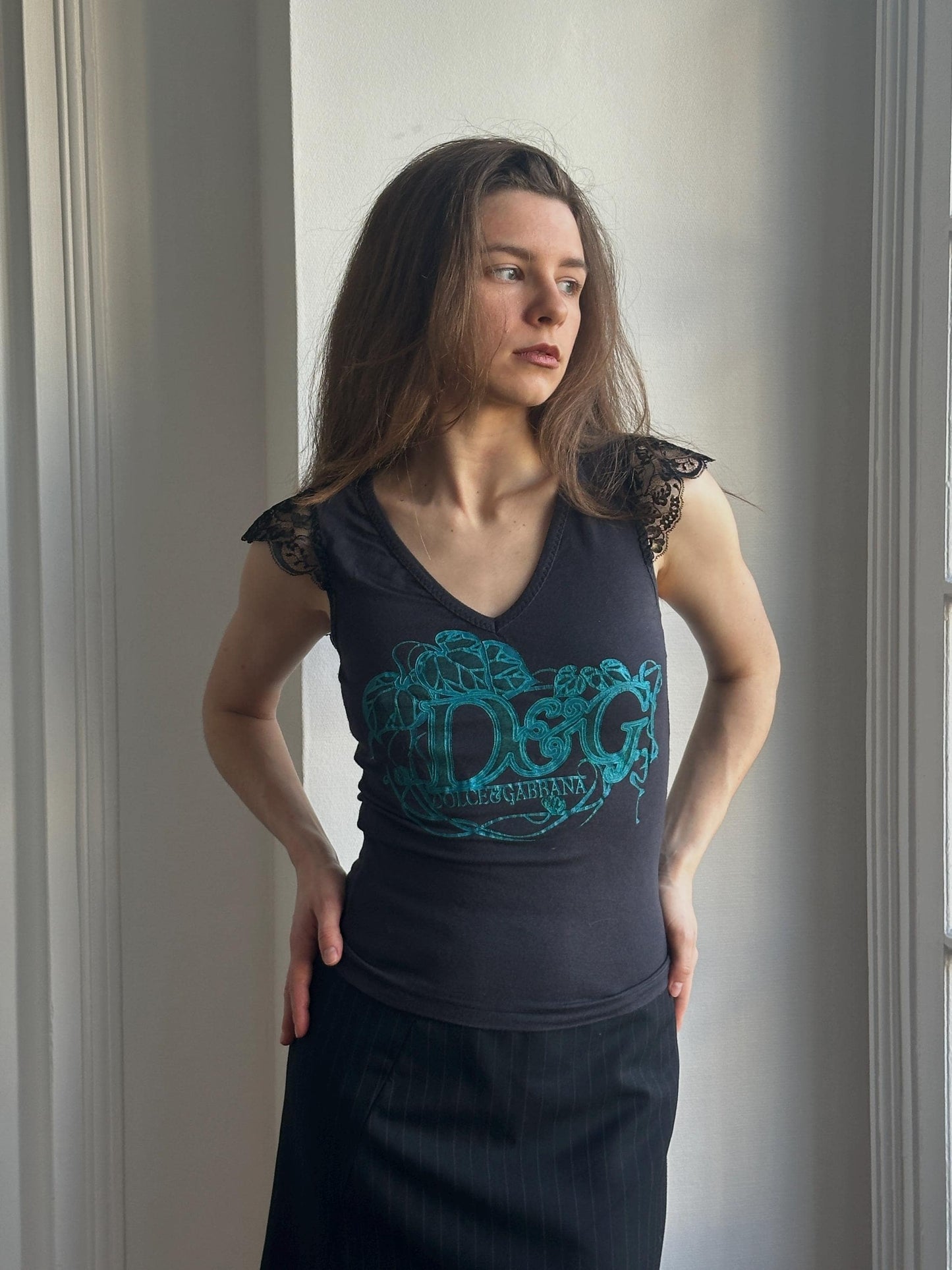 Vintage D&G Black Graphic Ruffled Lace Trim Top