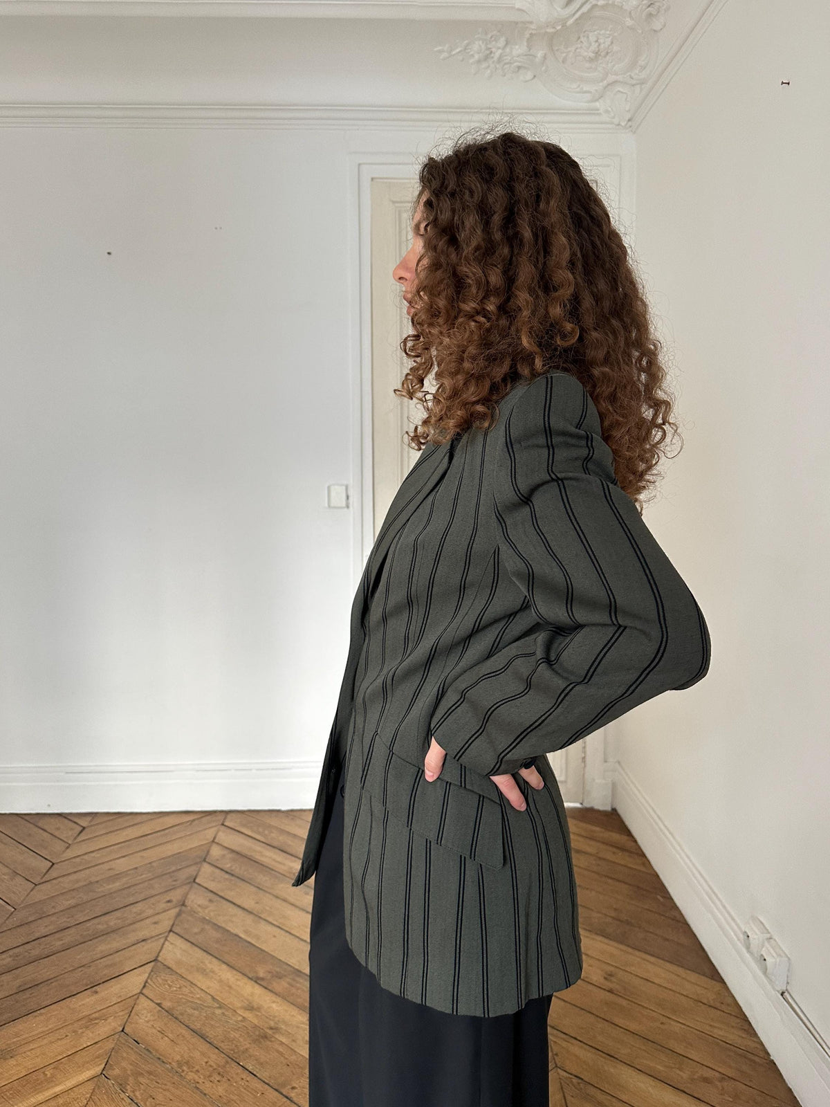 Vintage Striped Wool Blazer with Black Velvet Collar in Green
