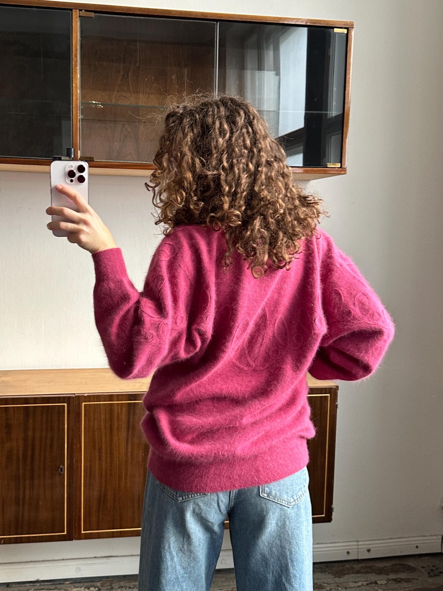 Vintage Angora Wool Embroidered Cardigan In Pink