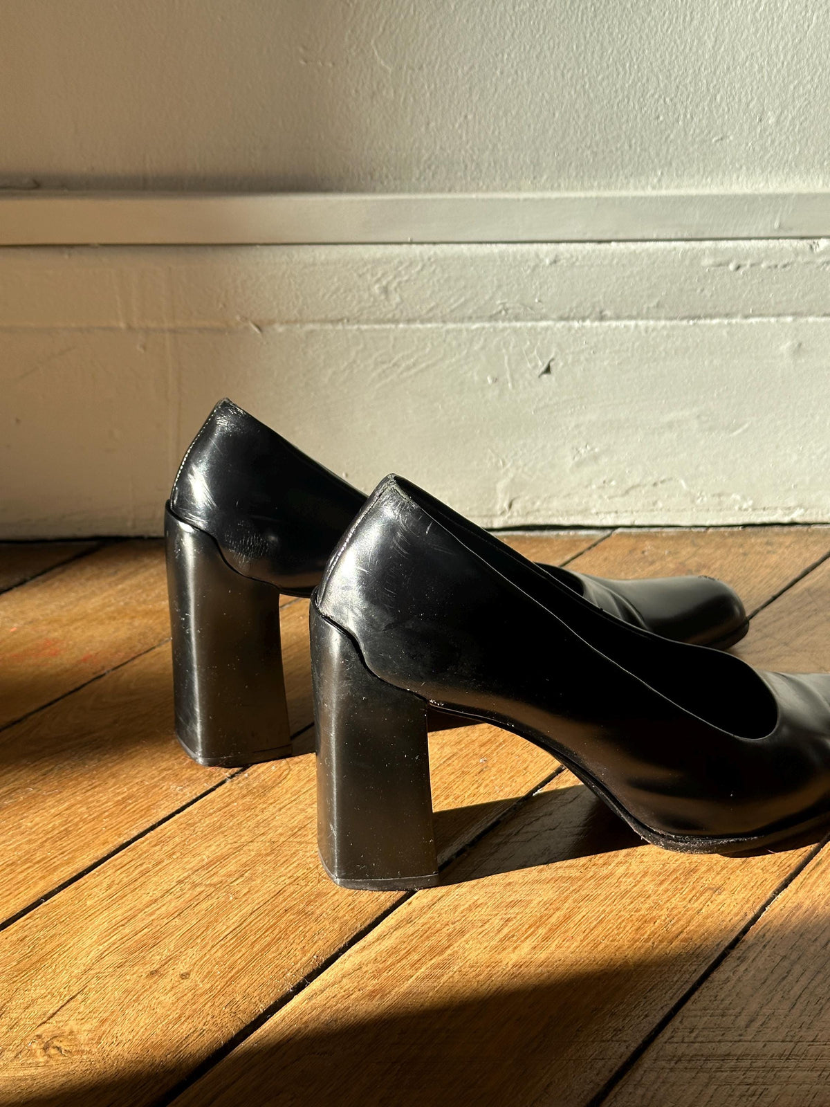 Vintage Prada Black Leather Block Heel Pumps | EU 38