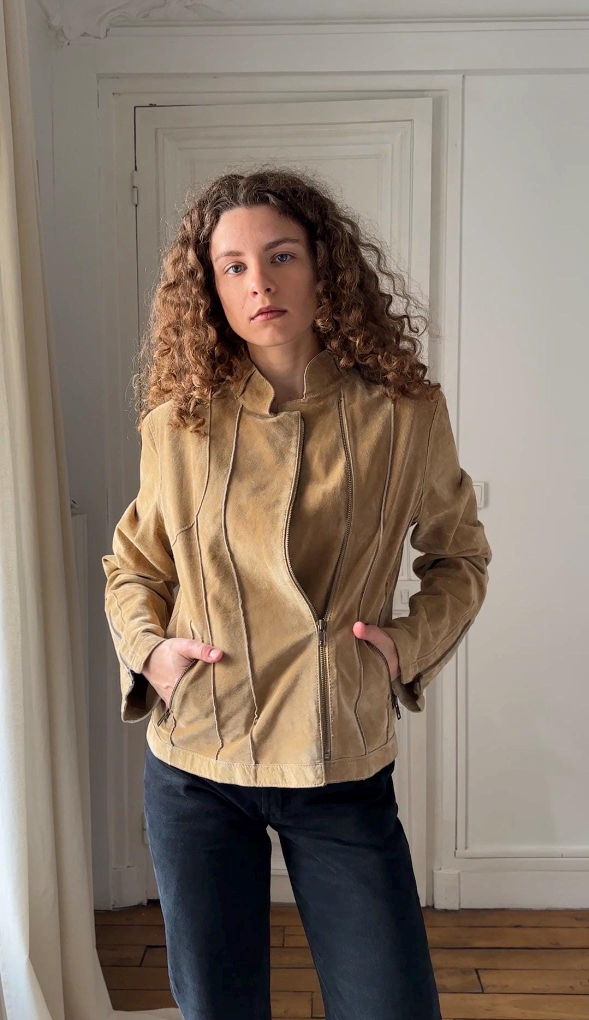 Vintage 90s Beige Suede Leather Motorcycle Jacket