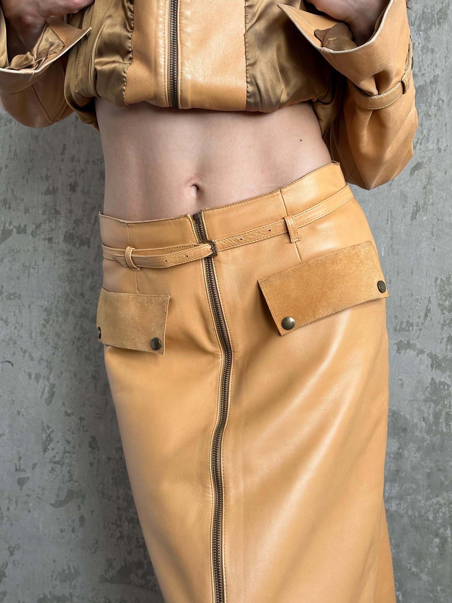 Vintage 90s Camel Tan Leather Suit | Jacket & Zip Skirt Set in Brown