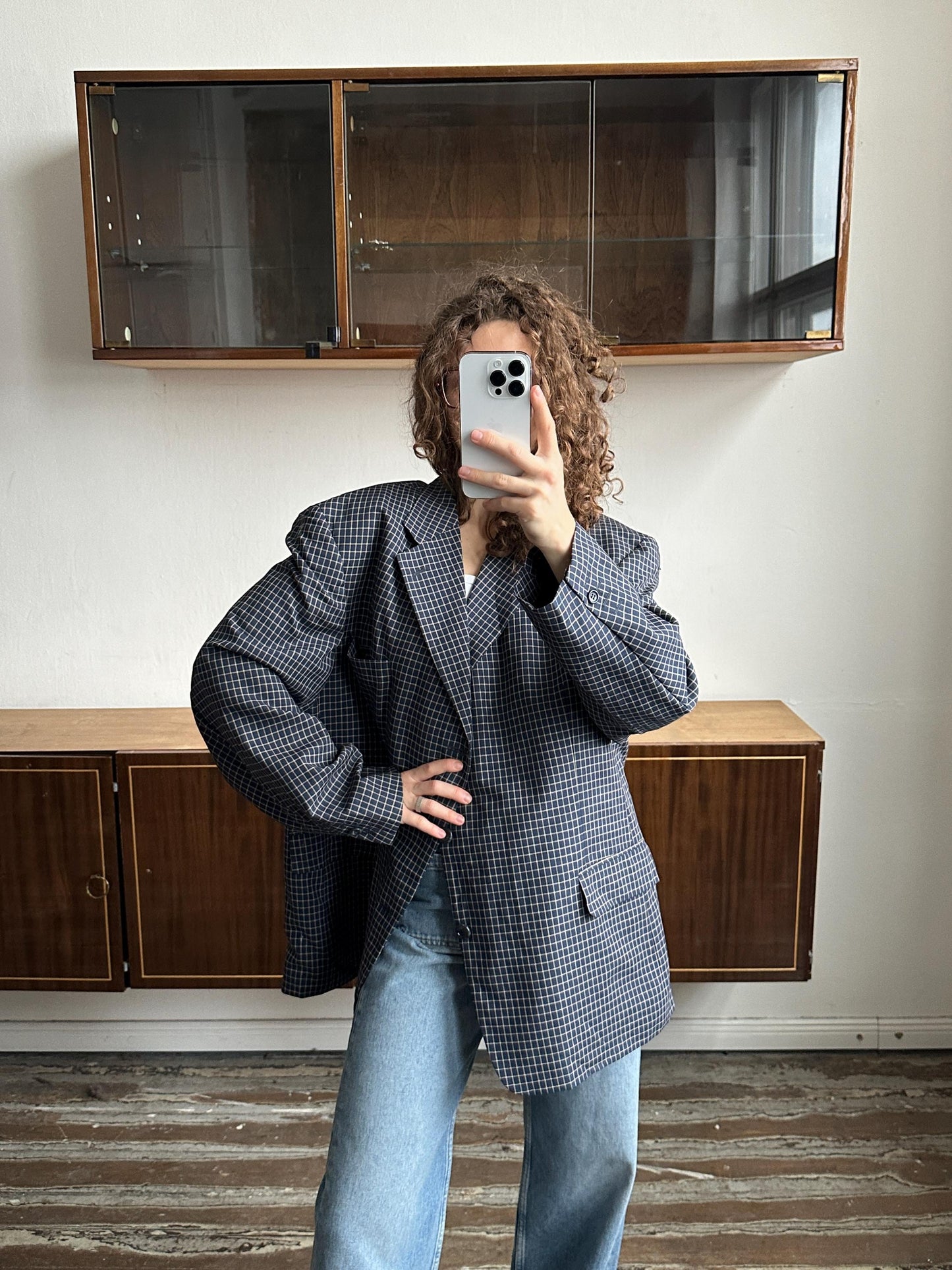 Vintage 90s oversized blazer in blue with a white checkered pattern