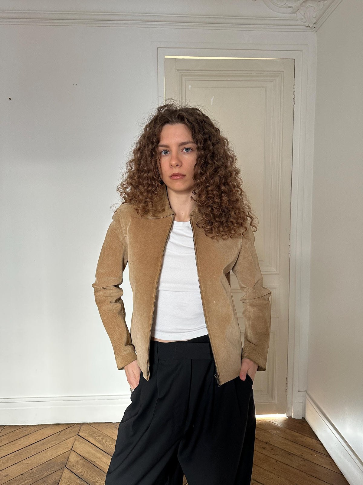 Vintage 90s Beige Suede Leather Minimalistic Jacket