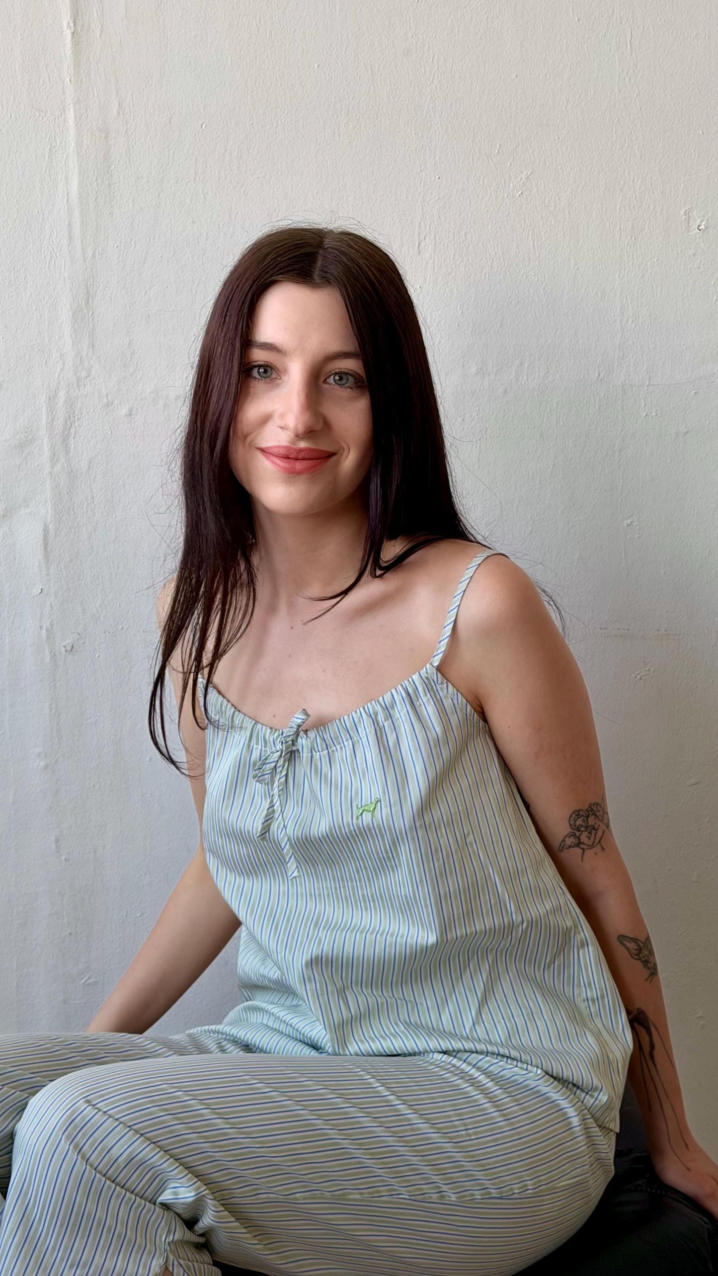 Vintage 90s striped pajama cotton top and trousers set in white