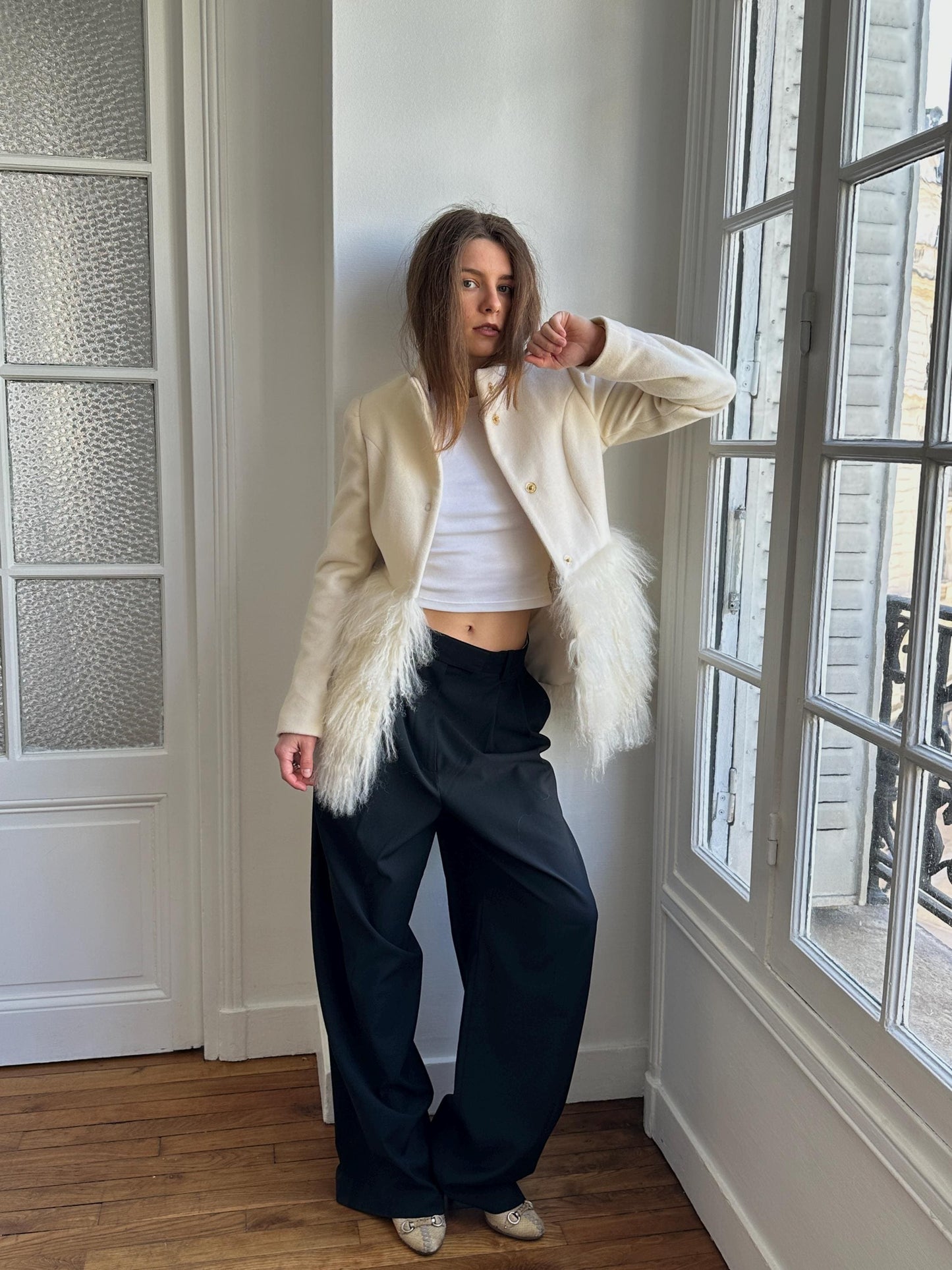Vintage Y2K Ivory Wool Short Coat with Tibetan Lamb Fur Hem