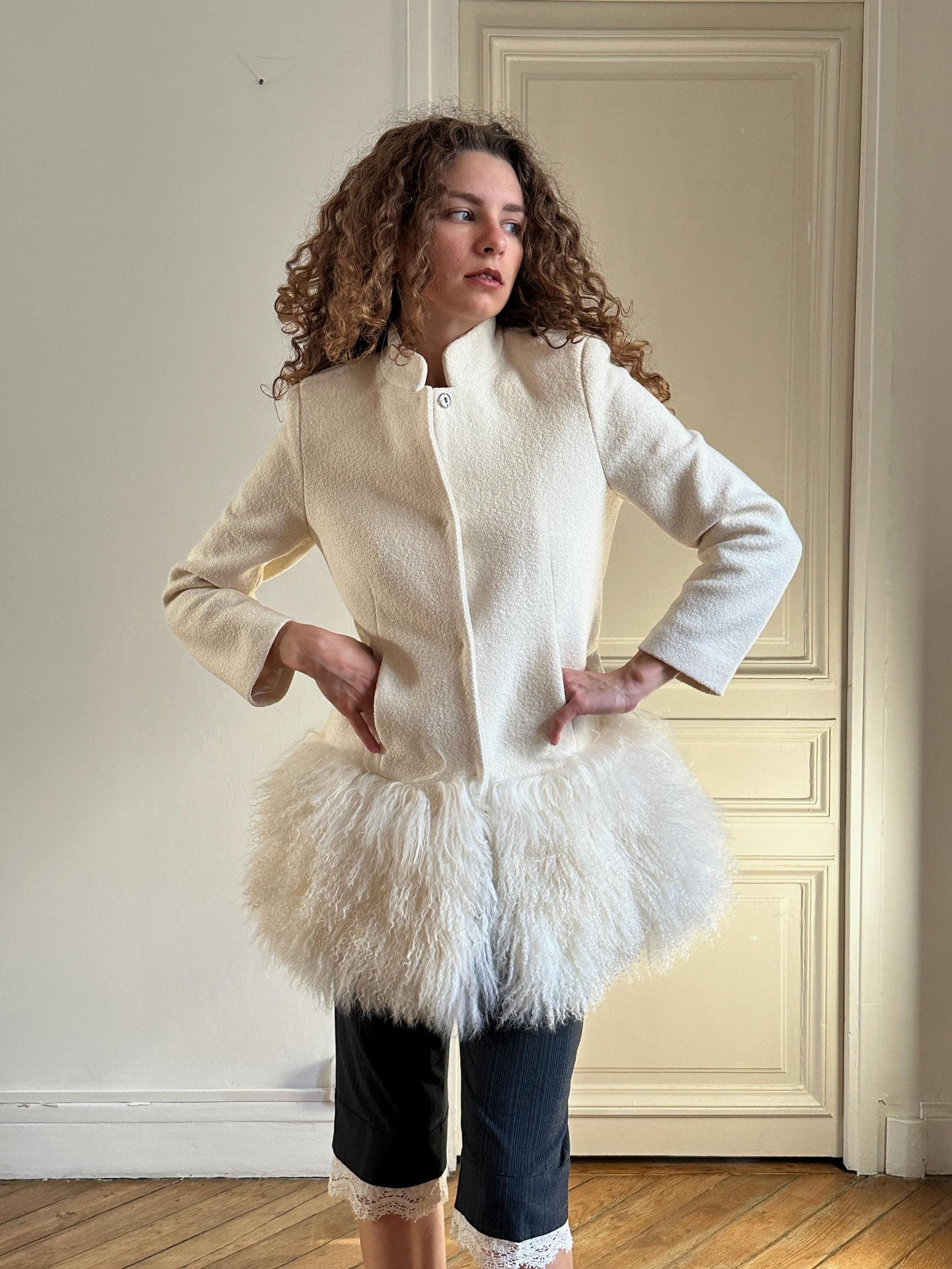 Vintage Boucle Mongolian Fur Hem Coat in Cream