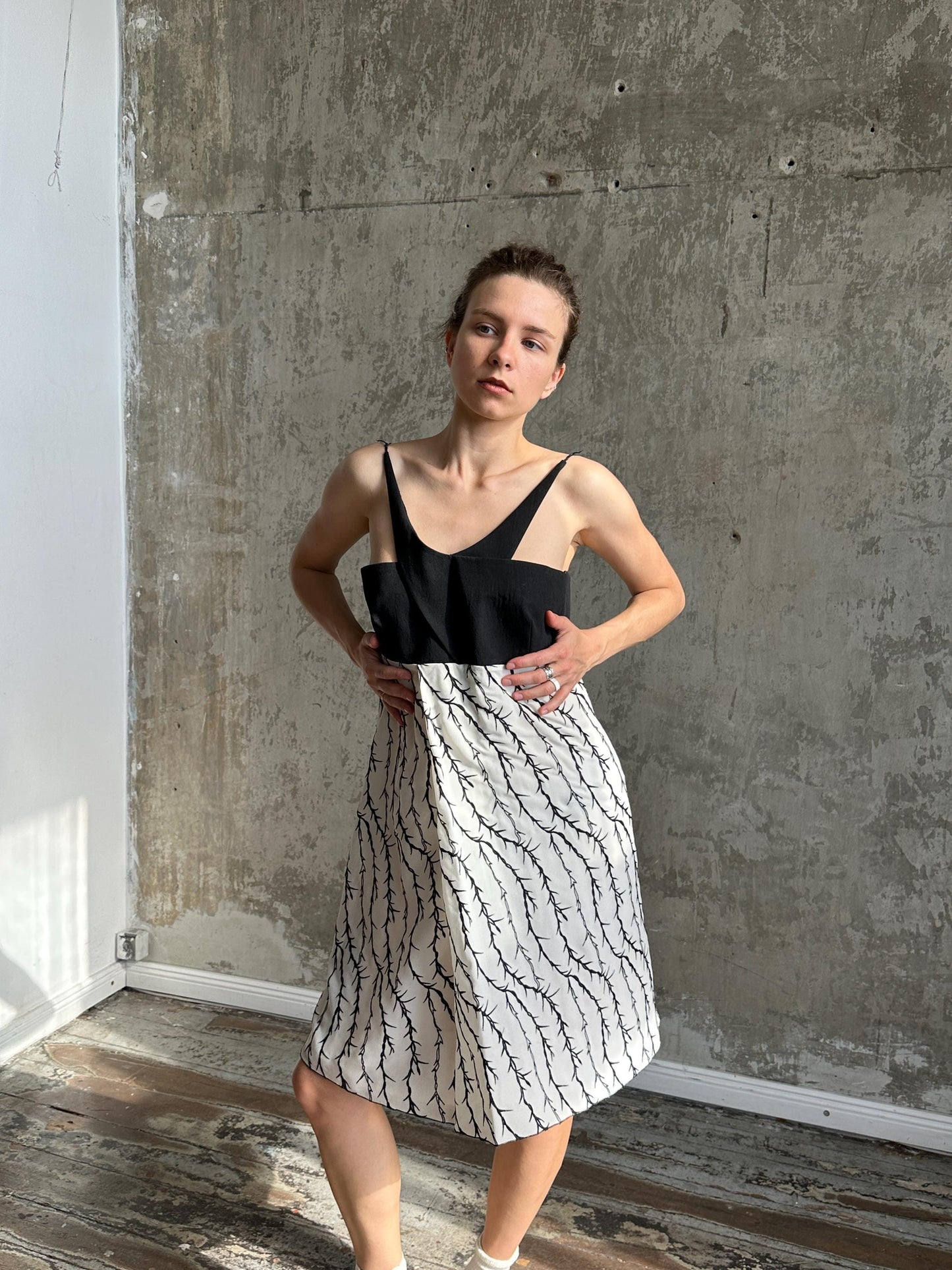 Vintage Balenciaga Branch Halter Dress in Black and White | Nicolas Ghesquière Era Silk Dress