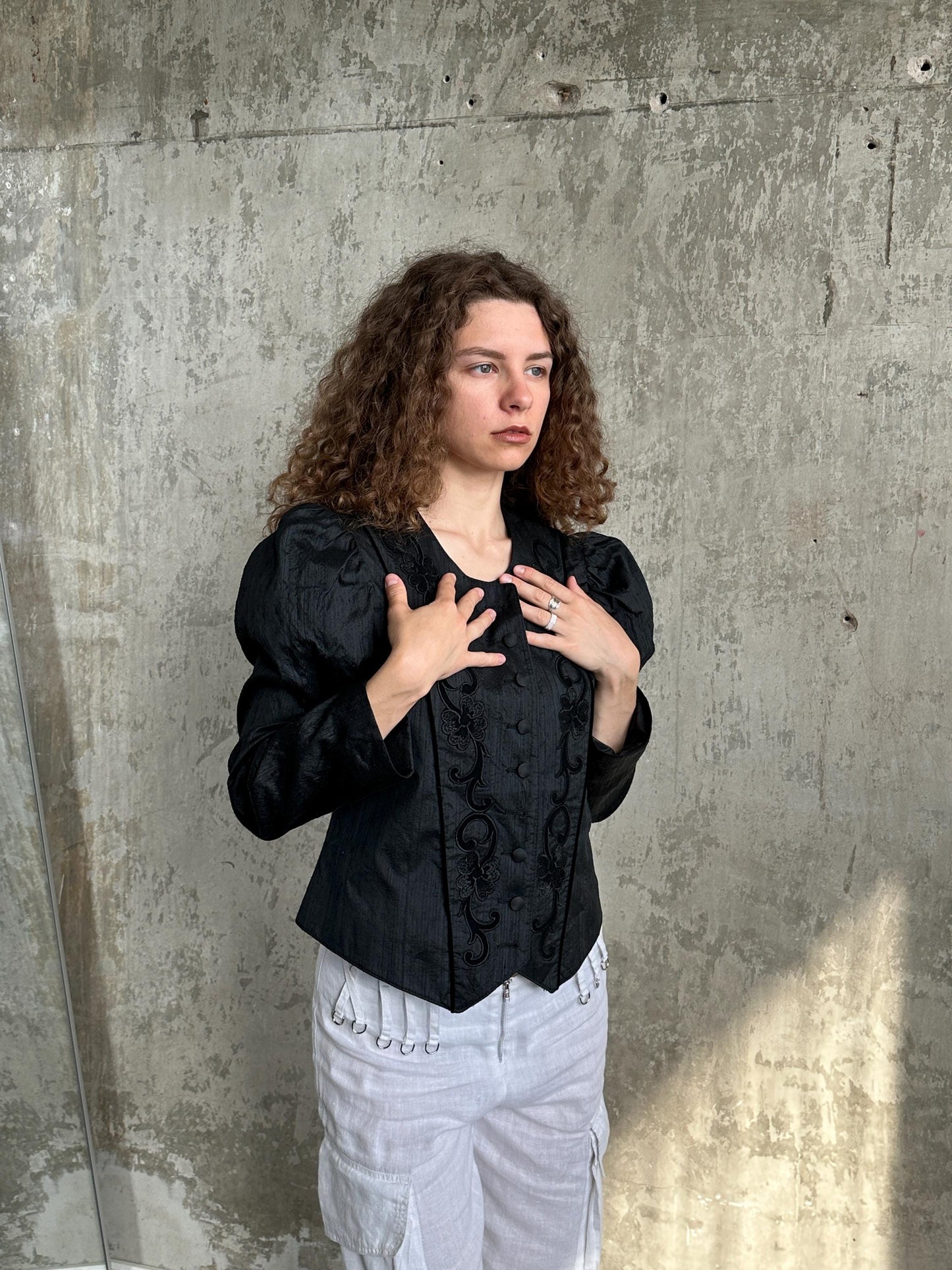 Vintage Victorian-Inspired Embroidered Blouse in Black