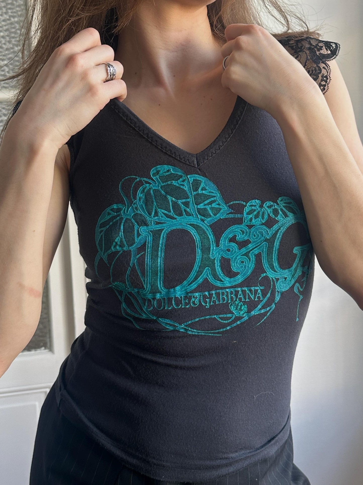 Vintage D&G Black Graphic Ruffled Lace Trim Top