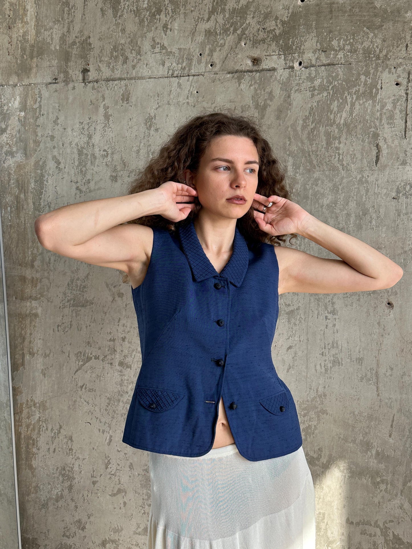 Vintage Italian Blue Linen Waistcoat Vest