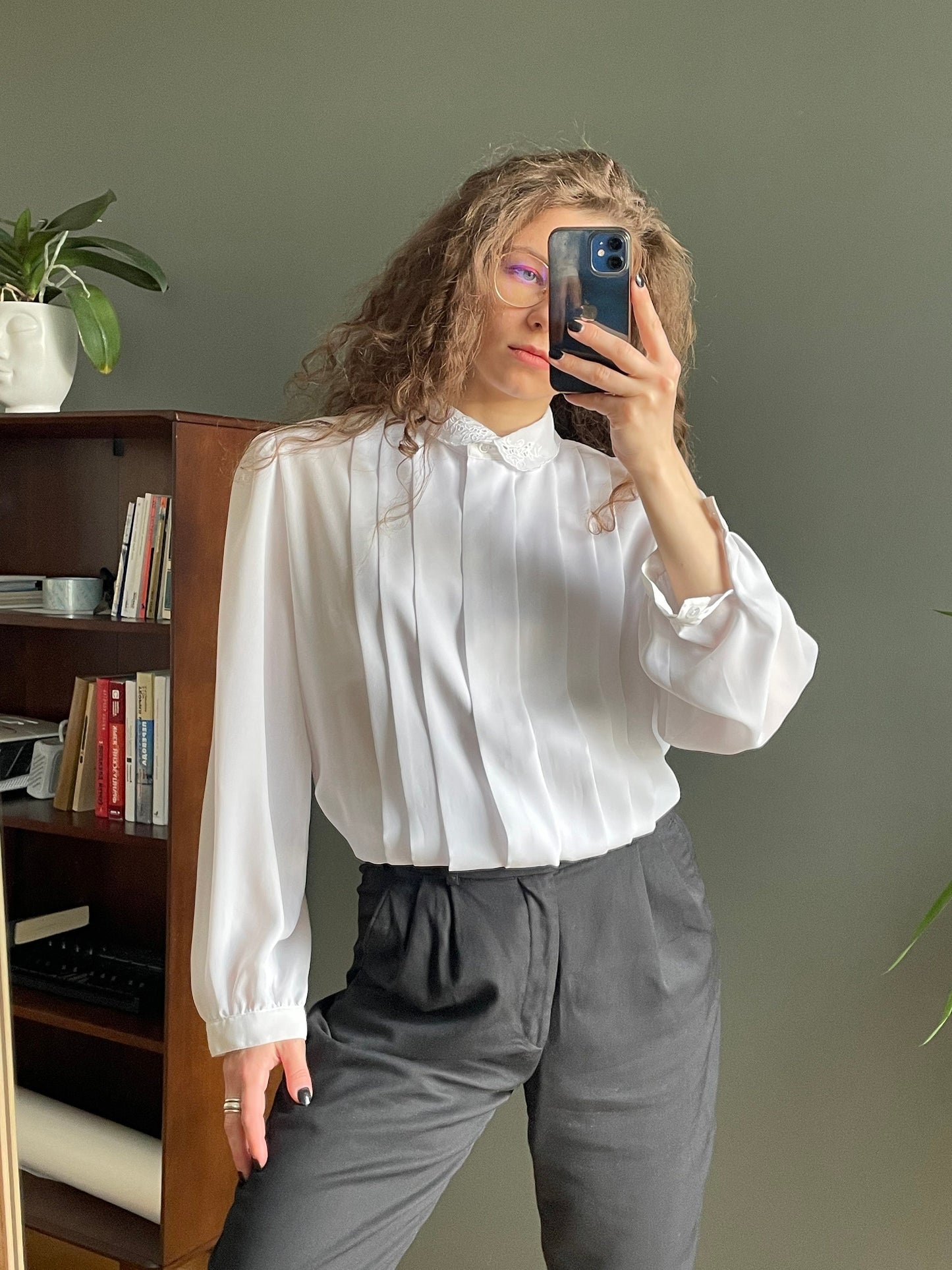 Vintage women blouse in white, pleated blouse