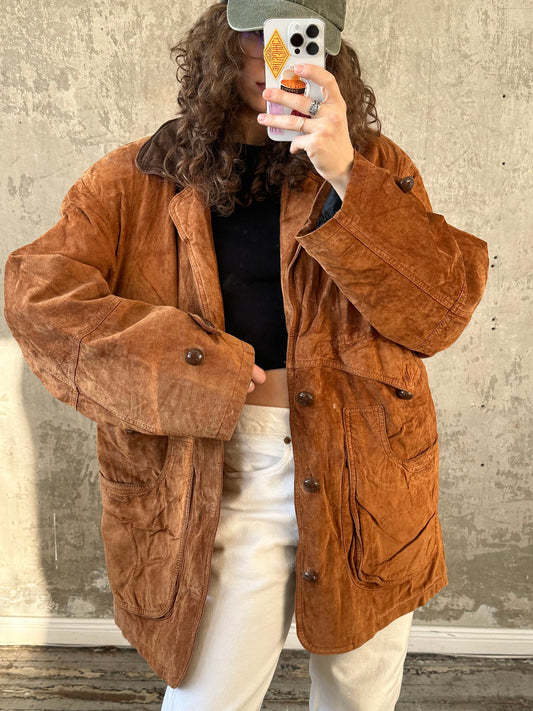 Vintage 90s Suede Leather Bomber Jacket, Brown Oversized Grunge Motorcycle Coat, Genuine Leather, Padded, Wooden Button Closure, Fits XS-M