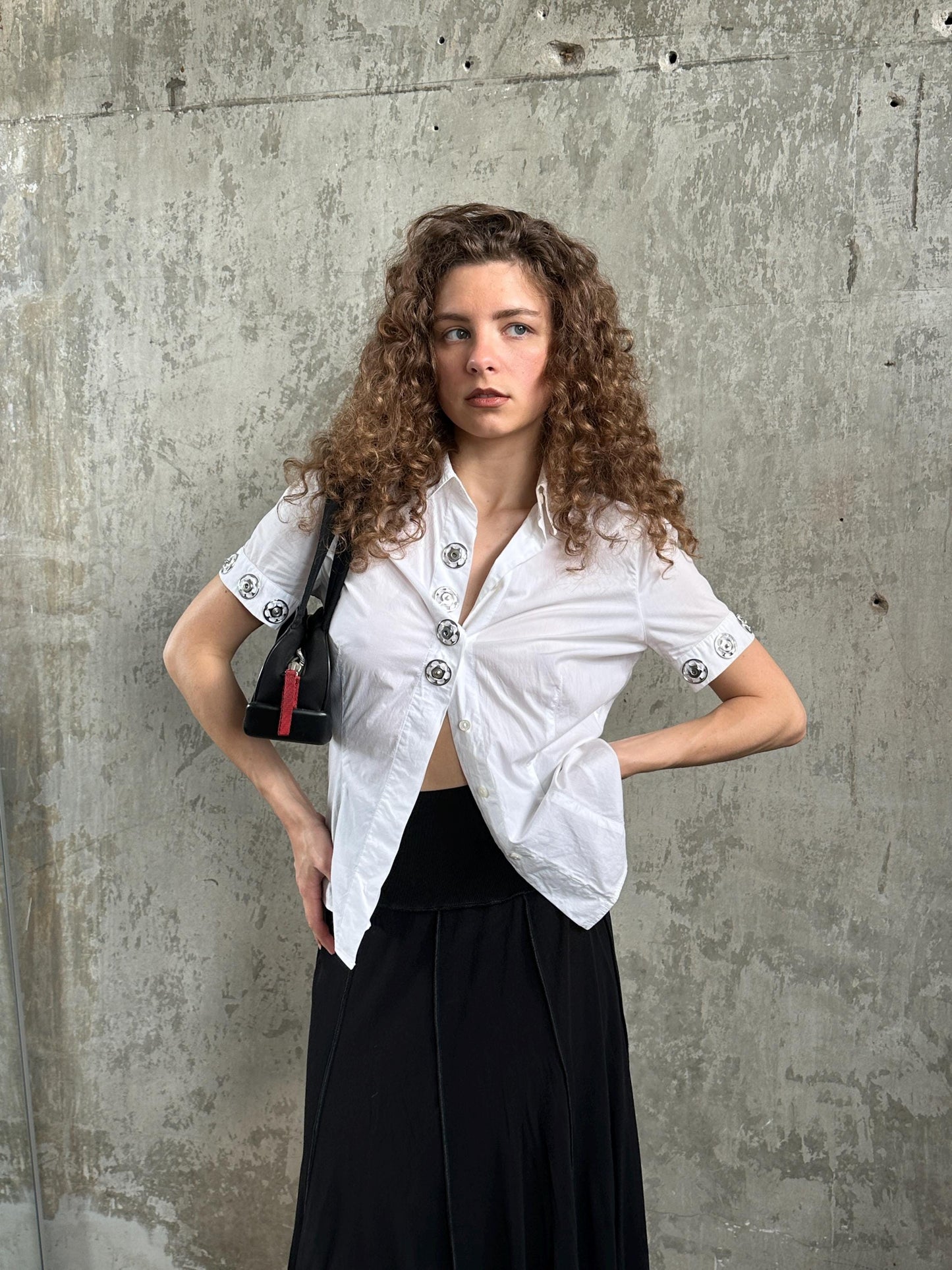 Vintage Moschino Jeans White Fitted Shirt | Silver Ring Detail Blouse