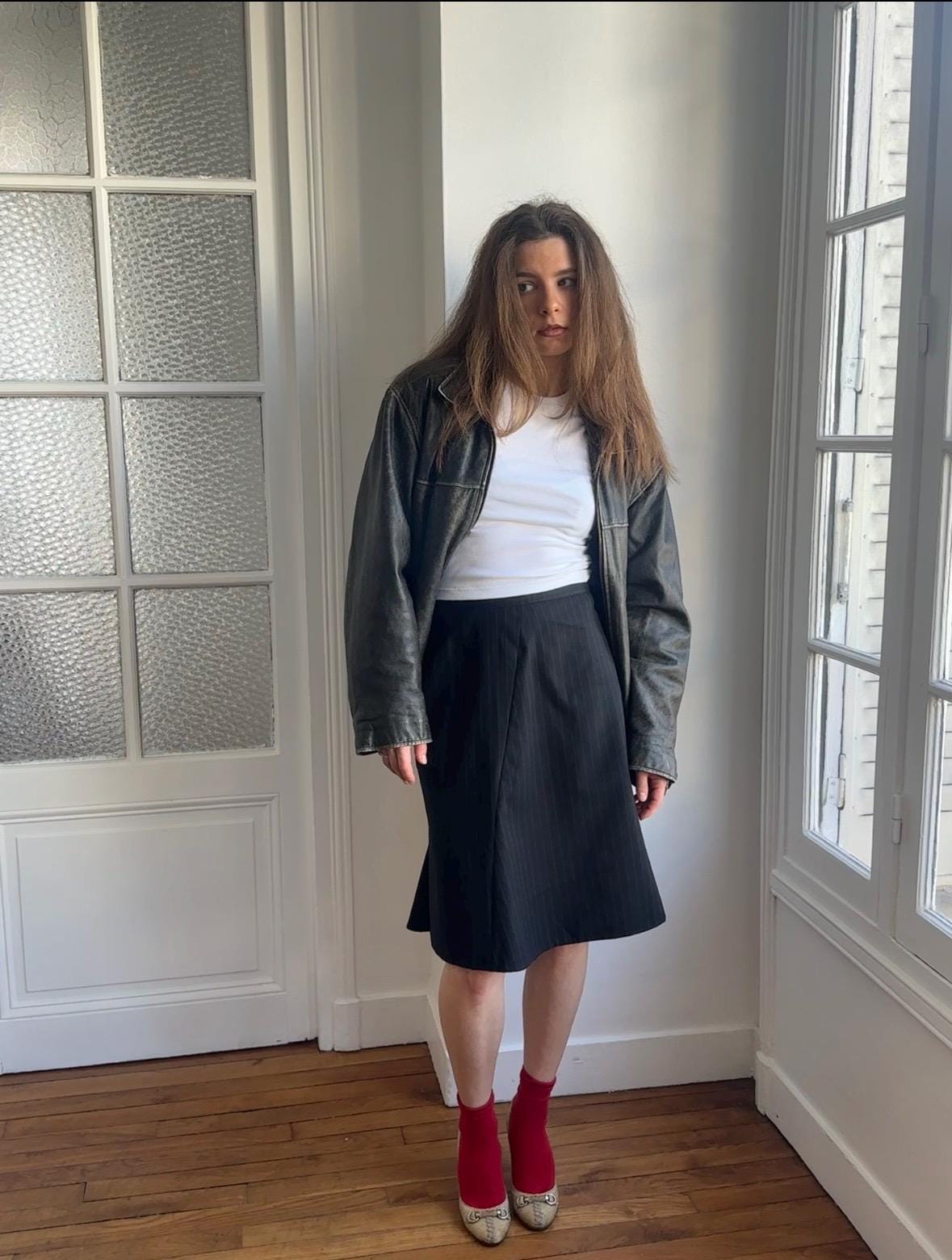 Vintage Distressed Leather Bomber Jacket in Black
