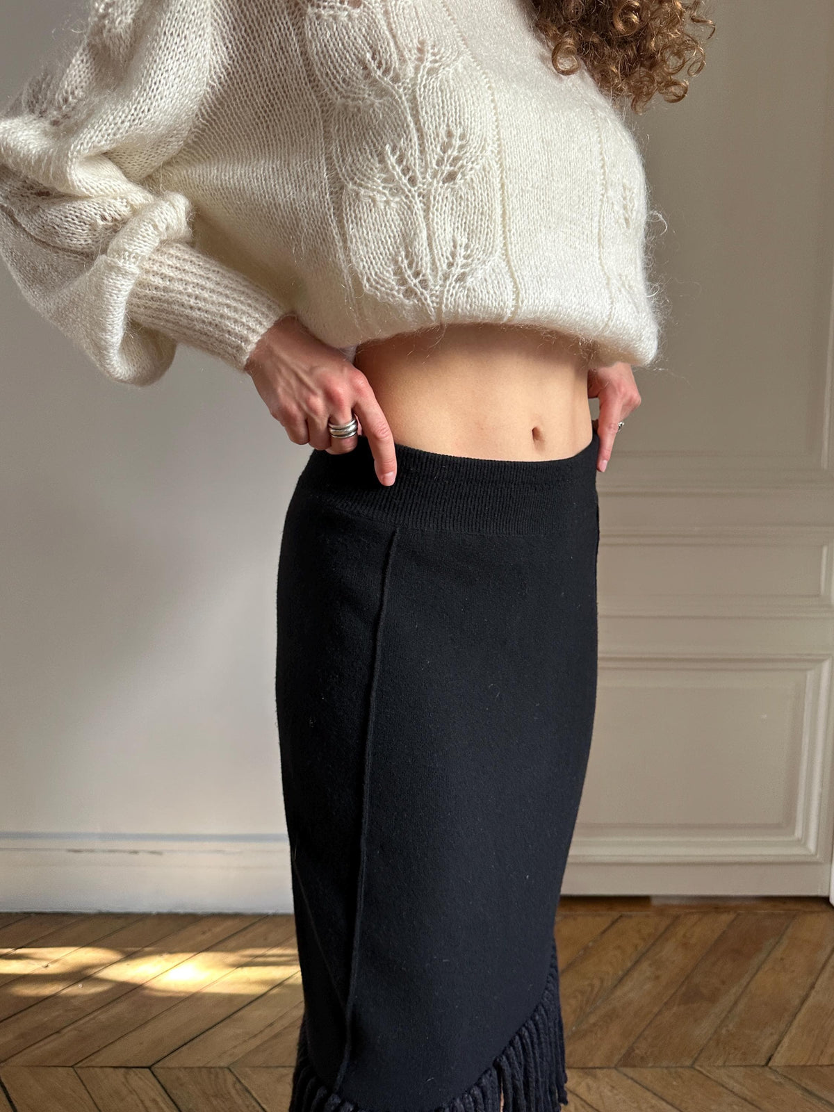 Vintage Sonia Rykiel Knit Skirt Black with Fringe