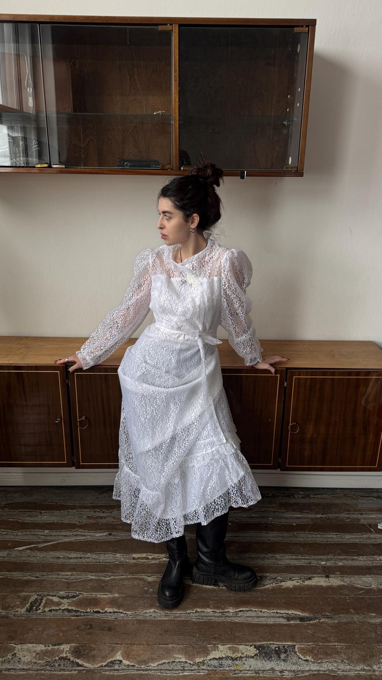 Vintage 70s silk bridal lace dress in white