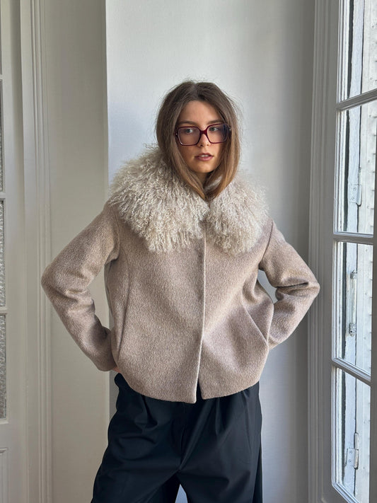 Vintage 90s Beige Coat with Voluminous Fur Collar