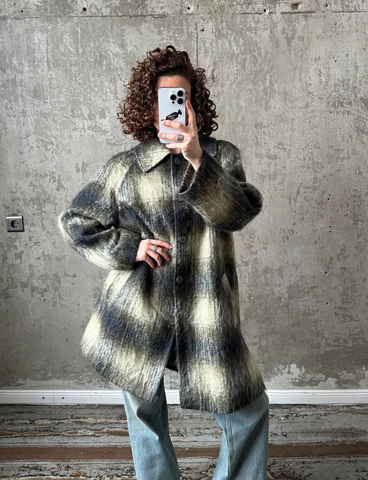 Vintage checked mohair coat in green, midi wool overcoat