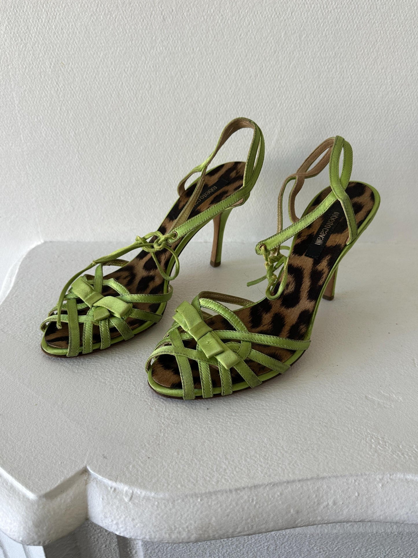 Roberto Cavalli Lime Green Metallic Satin Strappy Heels I EU 38