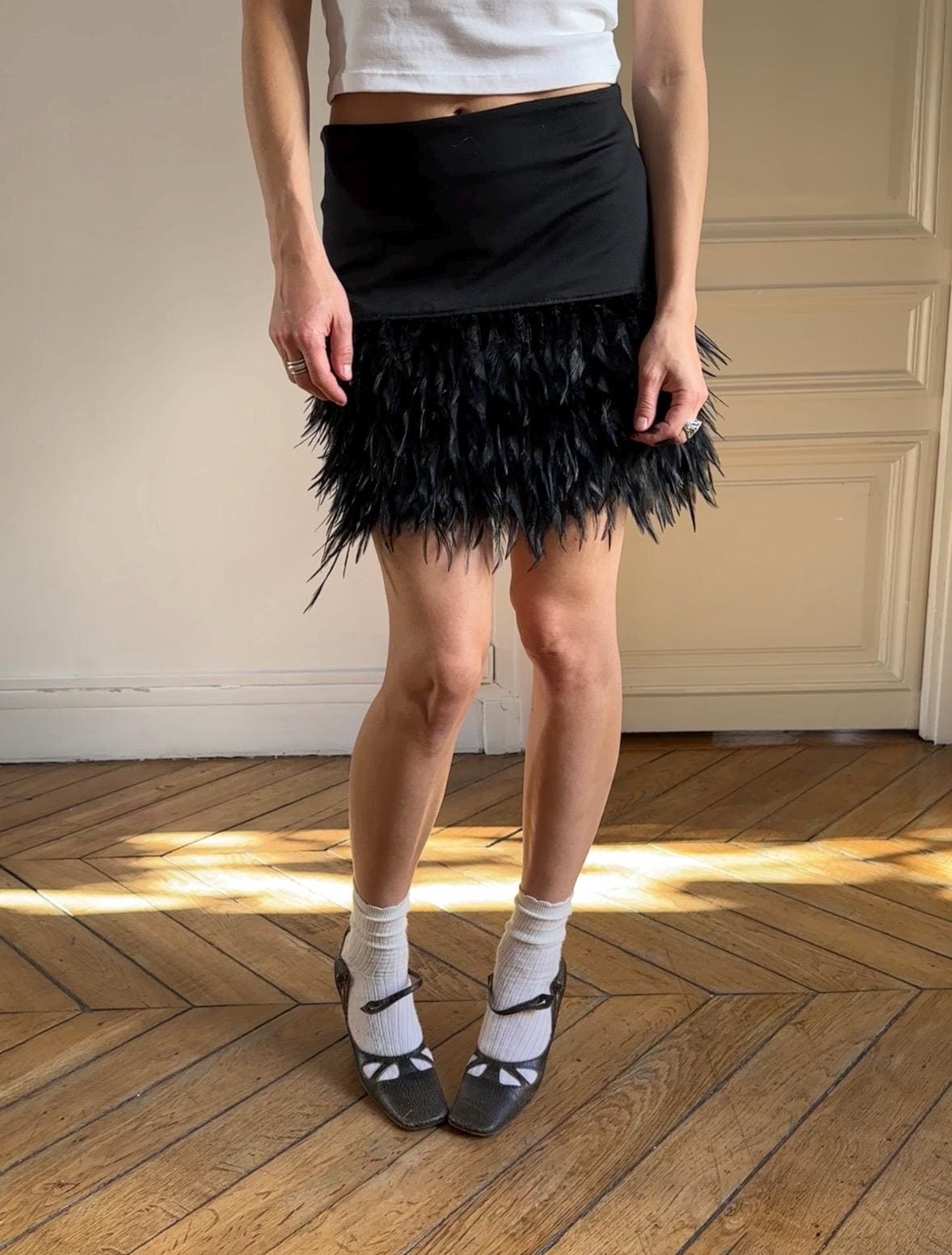 Vintage Black Feather Mini Skirt with Faux Feathers
