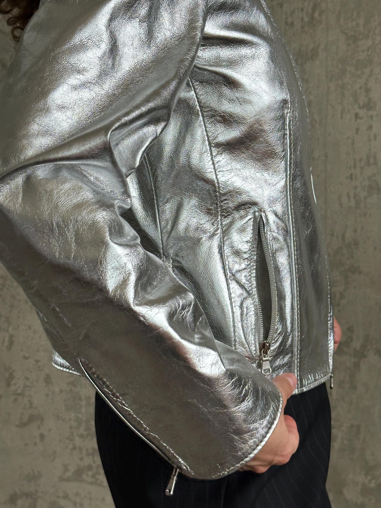 Vintage Y2K Silver Metallic Leather Jacket | Moto Racer Zip Jacket