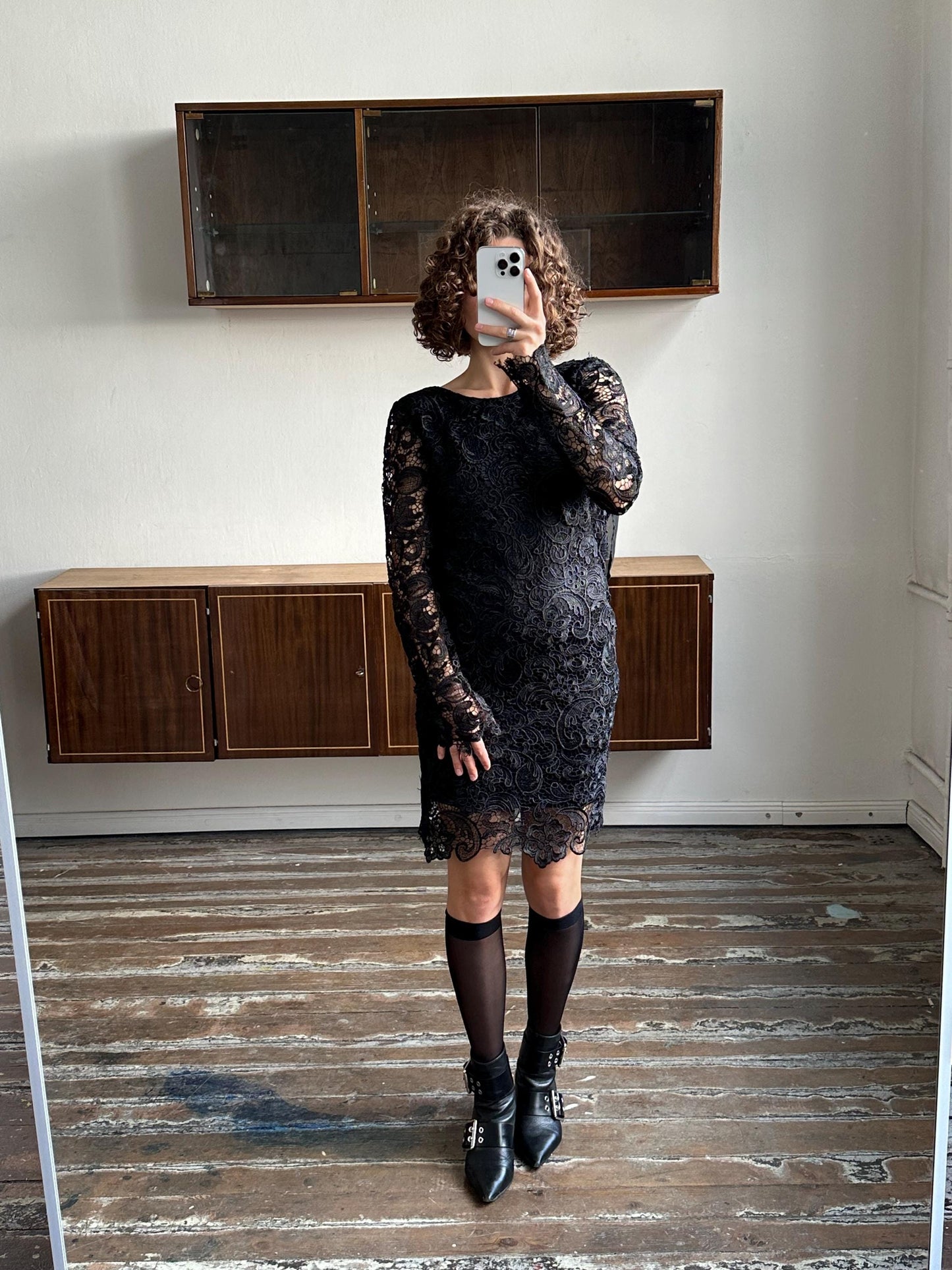 Vintage 90s long sleeve mini dress in black, lace slip dress