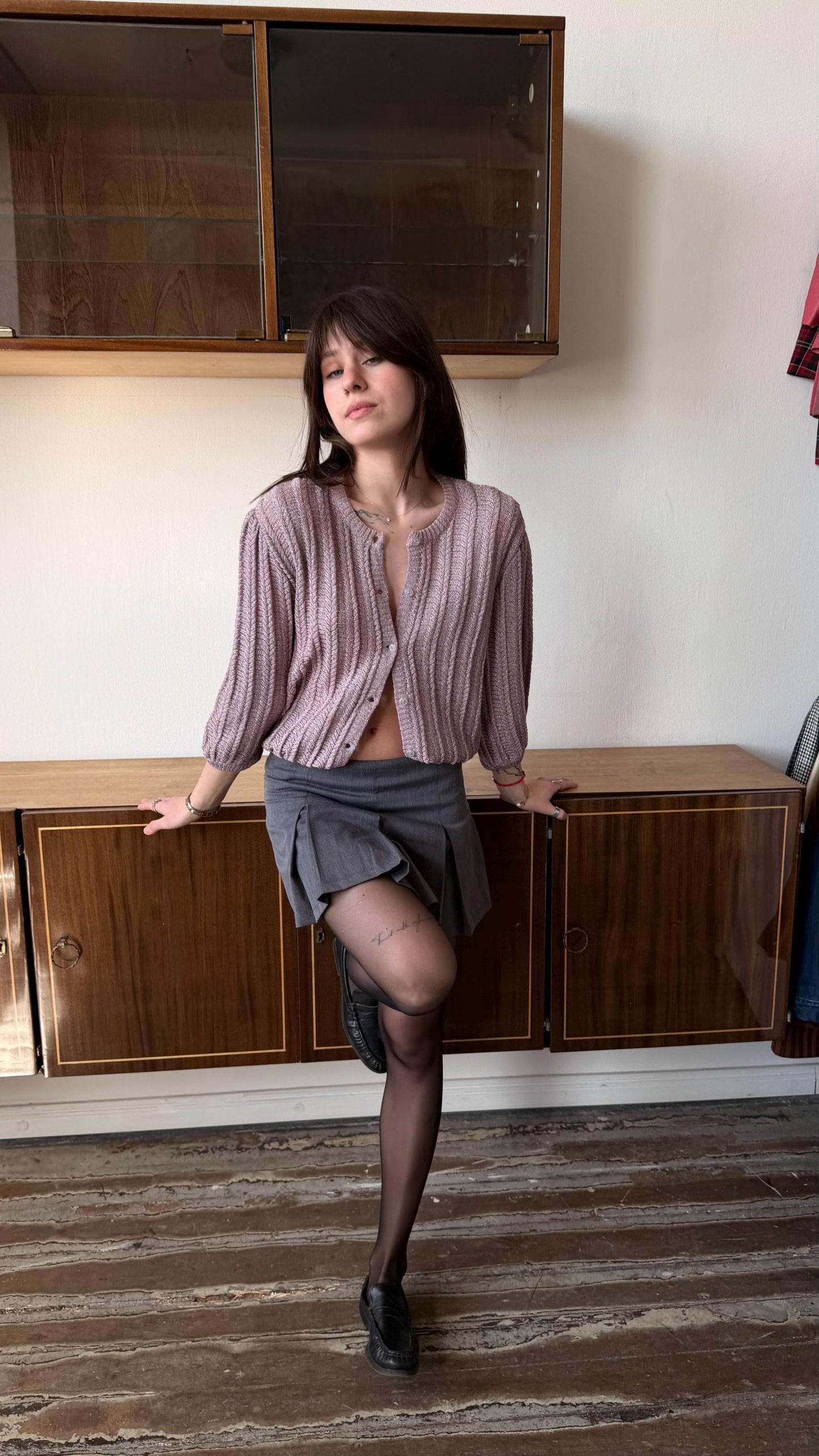 Vintage 90s Knit Cardigan, Soft Girl Minimalist Coquette Top in Mauve