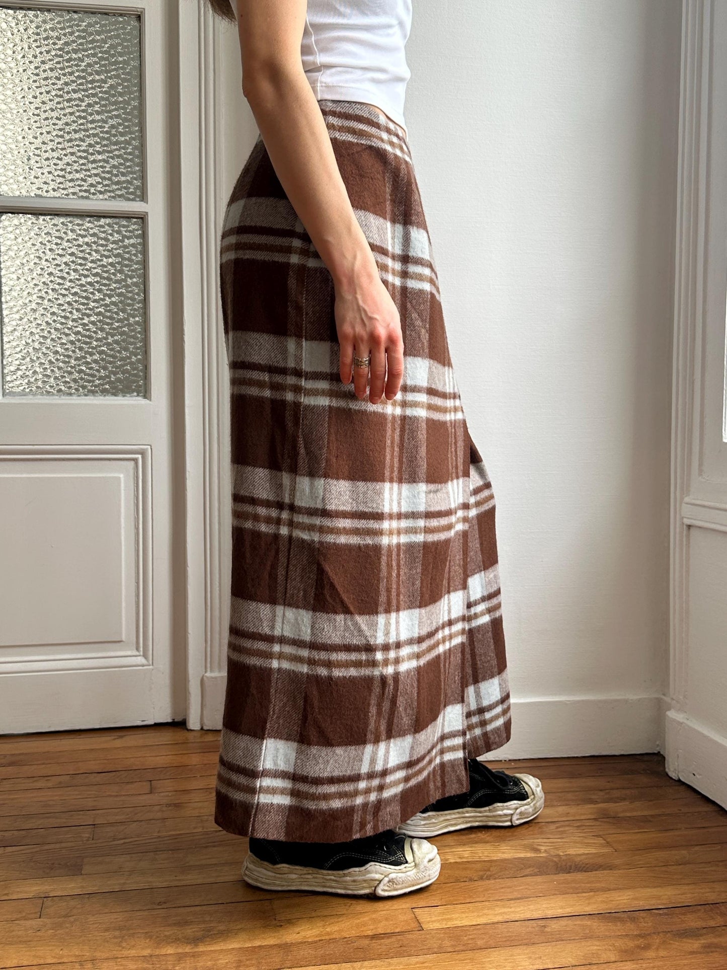 Vintage Plaid Wool Maxi Skirt in Brown