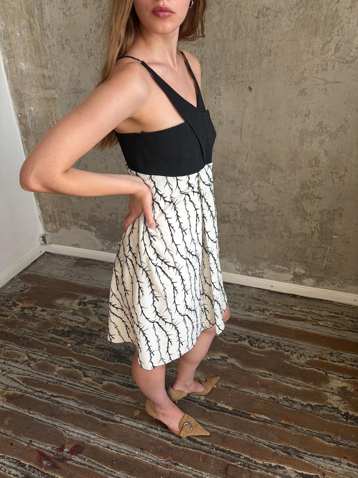 Vintage Balenciaga Branch Halter Dress in Black and White | Nicolas Ghesquière Era Silk Dress