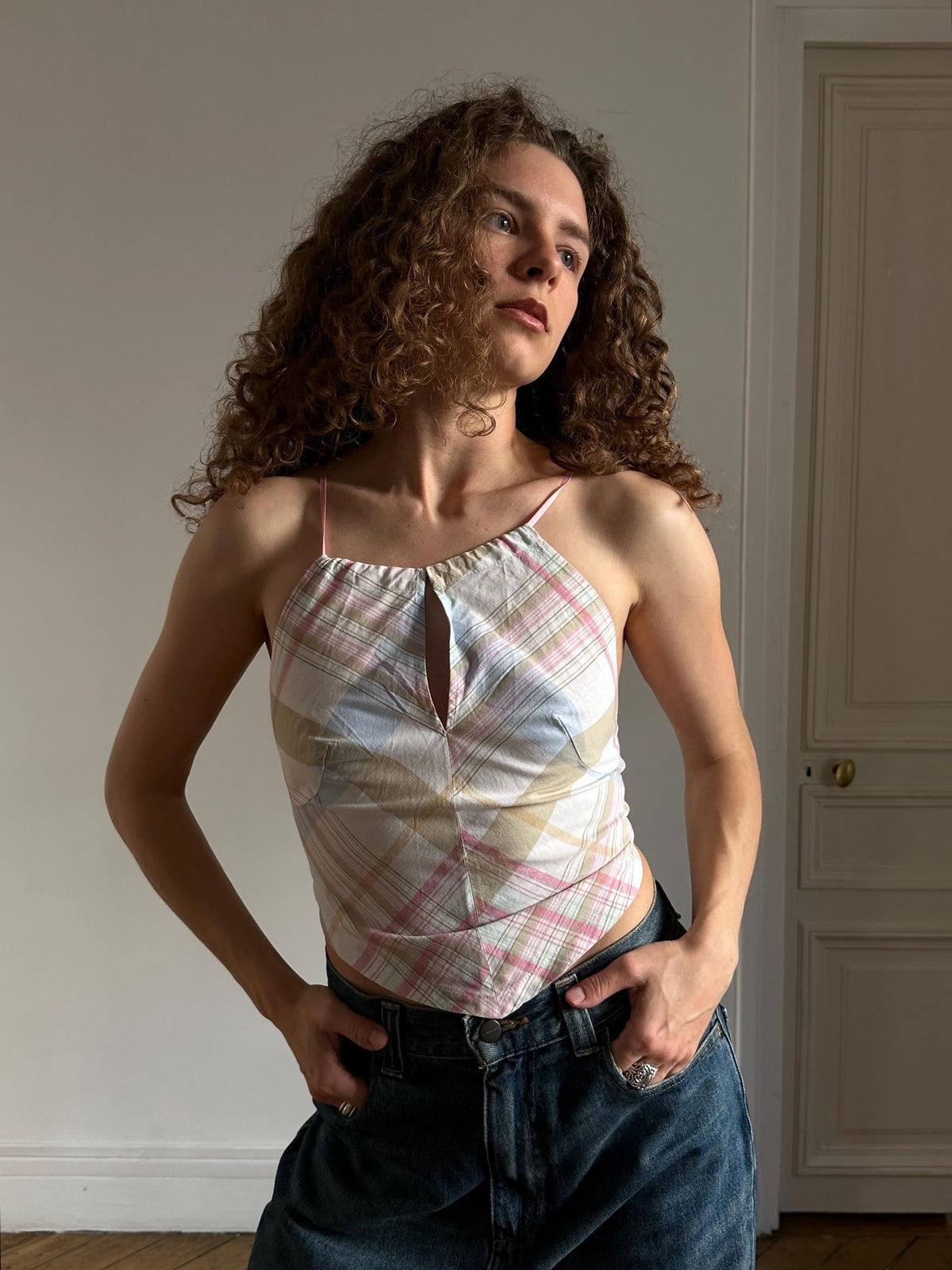 Vintage Sisley Check Cotton Crop Halter Top in Pink
