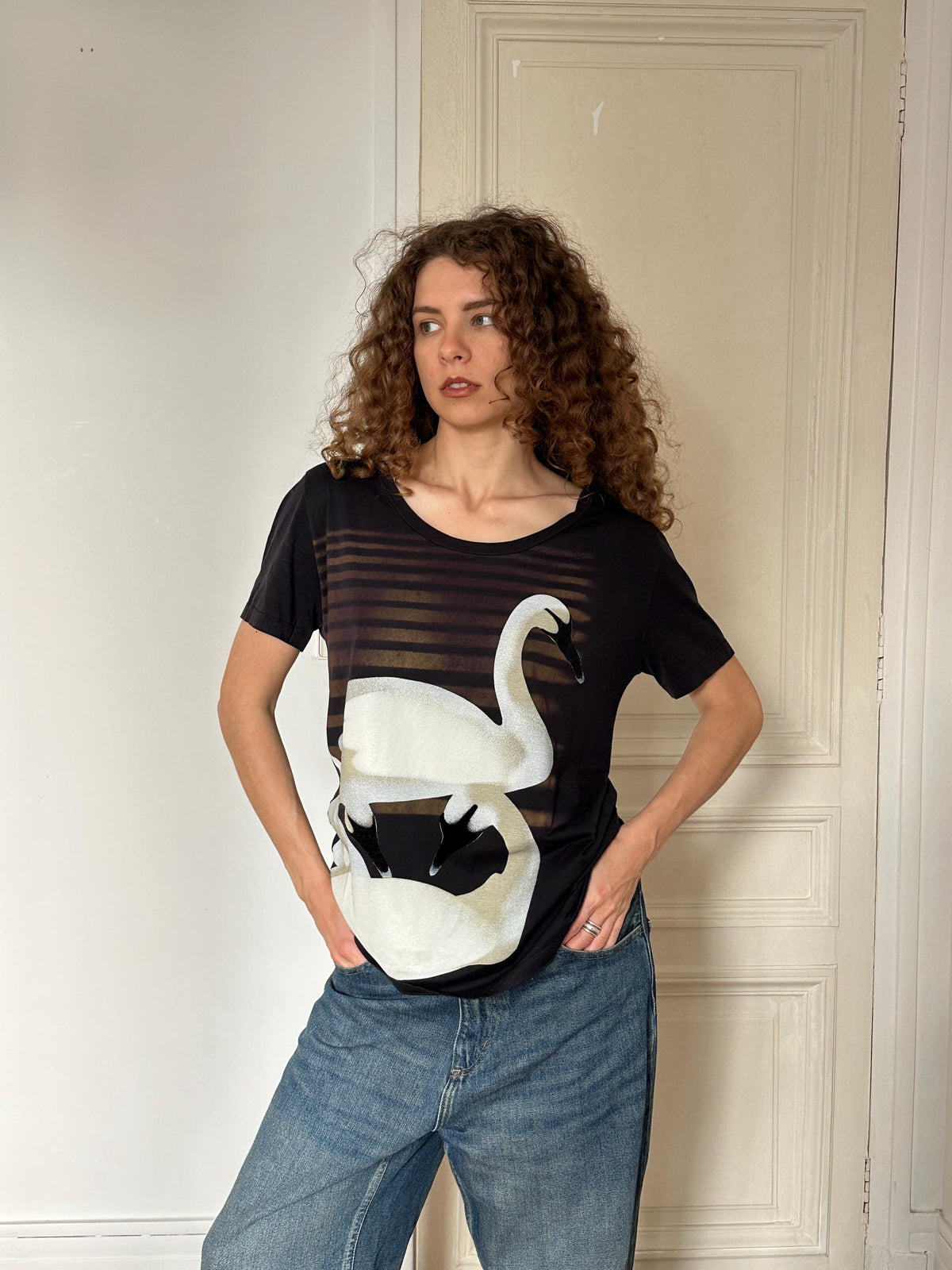 Vintage Sonia Rykiel Swan Print Cotton T-Shirt in Black