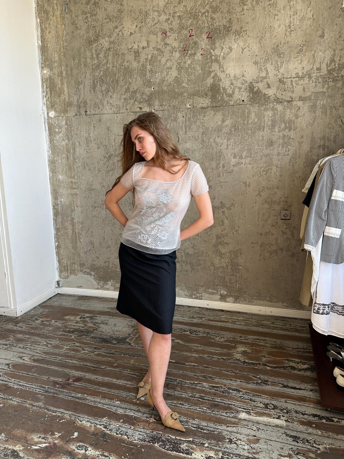 Vintage Cavalli Jeans Grey Mesh Top | Sheer Fishnet T-Shirt