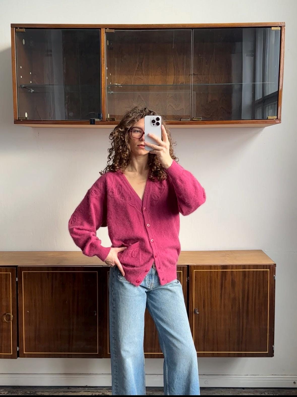 Vintage Angora Wool Embroidered Cardigan In Pink