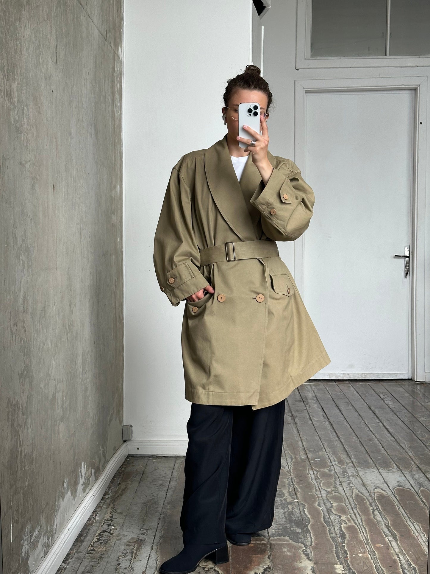 Archive 80s Issey Miyake Plantation trench coat in green, khaki