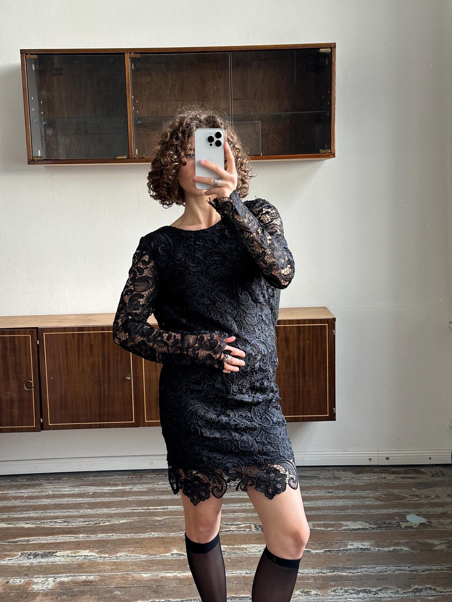 Vintage 90s long sleeve mini dress in black, lace slip dress