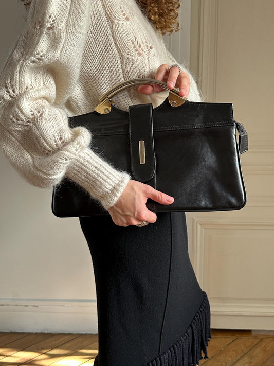 Vintage 90s Soft Black Leather Metal Hardware Handbag