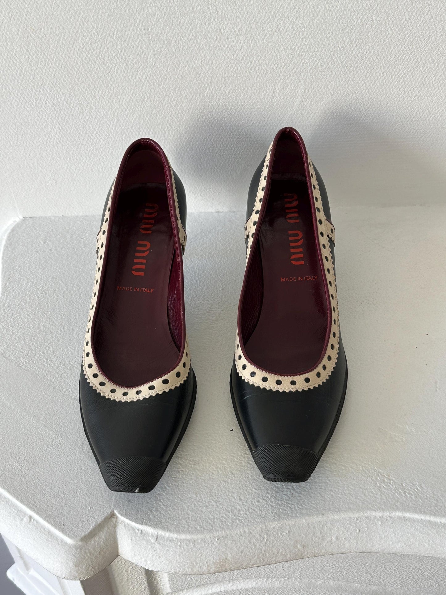 Miu Miu Black & Cream Perforated Leather Kitten Heel Pumps I US 6.5