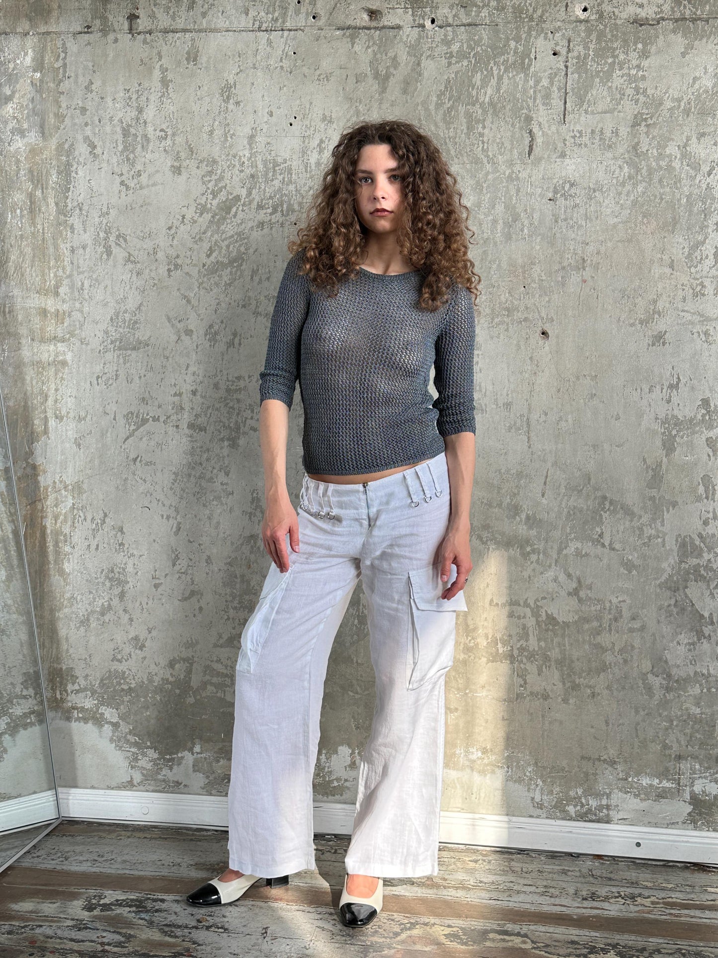 Vintage Max&Co Tricot Grey Open Mesh Knit Top | Sheer Crochet Net Top