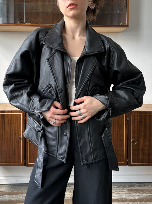 Vintage 90s faux leather bomber jacket in black